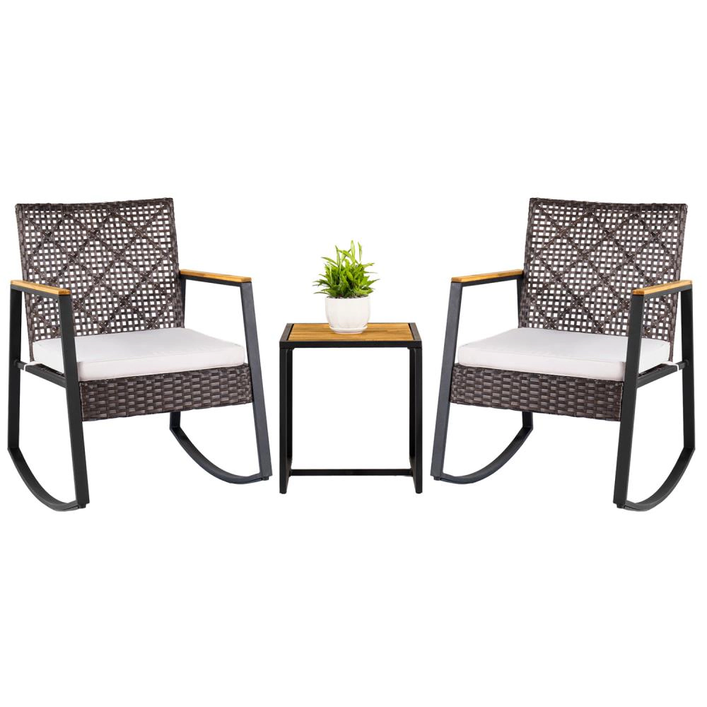 Hivvago 3-Piece Wicker Rocking Chair Set With Coffee Table And Cushions For Porch