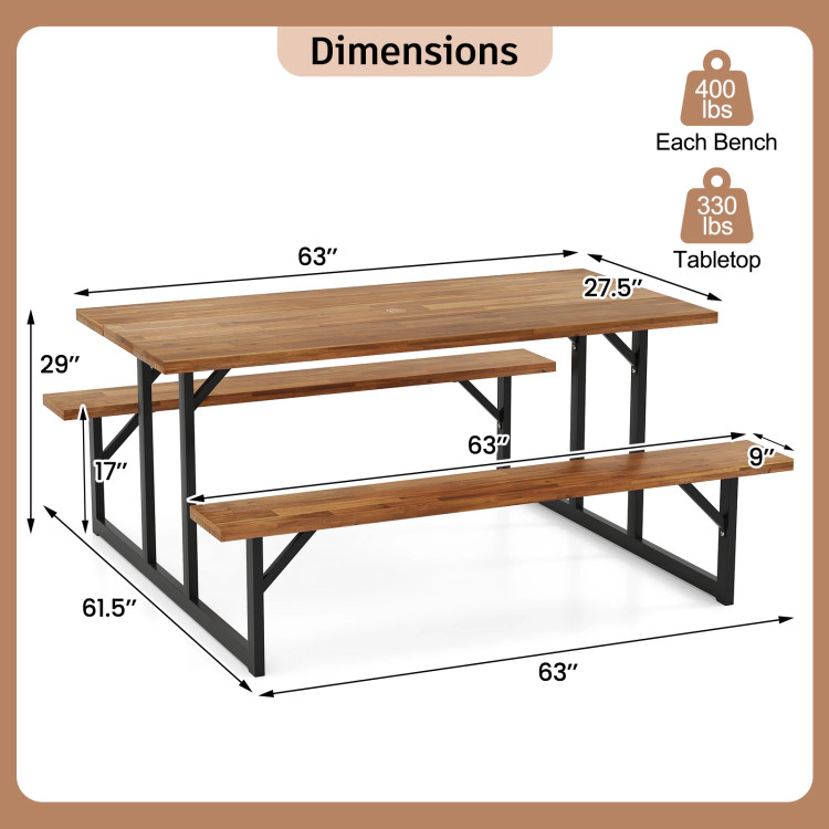 Hivvago 6-Person Acacia Wood Outdoor Picnic Table Set With 2 Built-In Benches