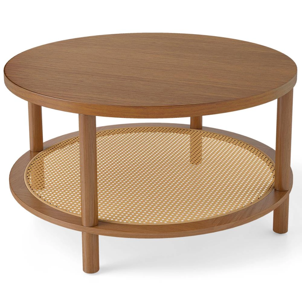 Hivvago 2-Tier Boho Round Rattan Coffee Table With Storage Shelf
