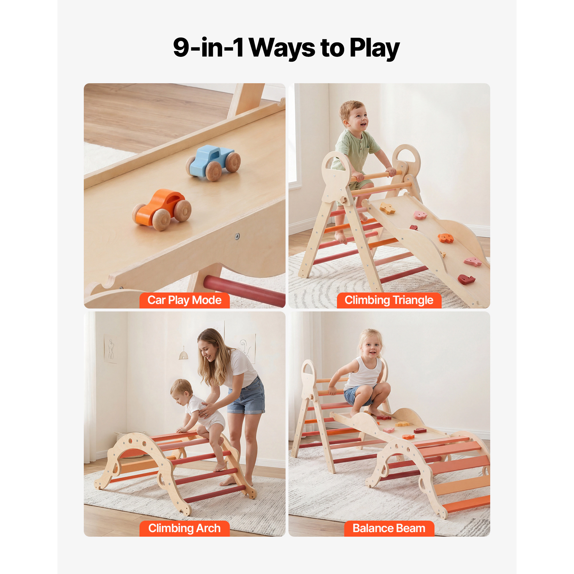 HONGGE Pikler Triangle Set 9-in -1 Toddler Climbing Toys Indoor with 2 Wooden Cars Cushion Triangle Arch and Ramp 150