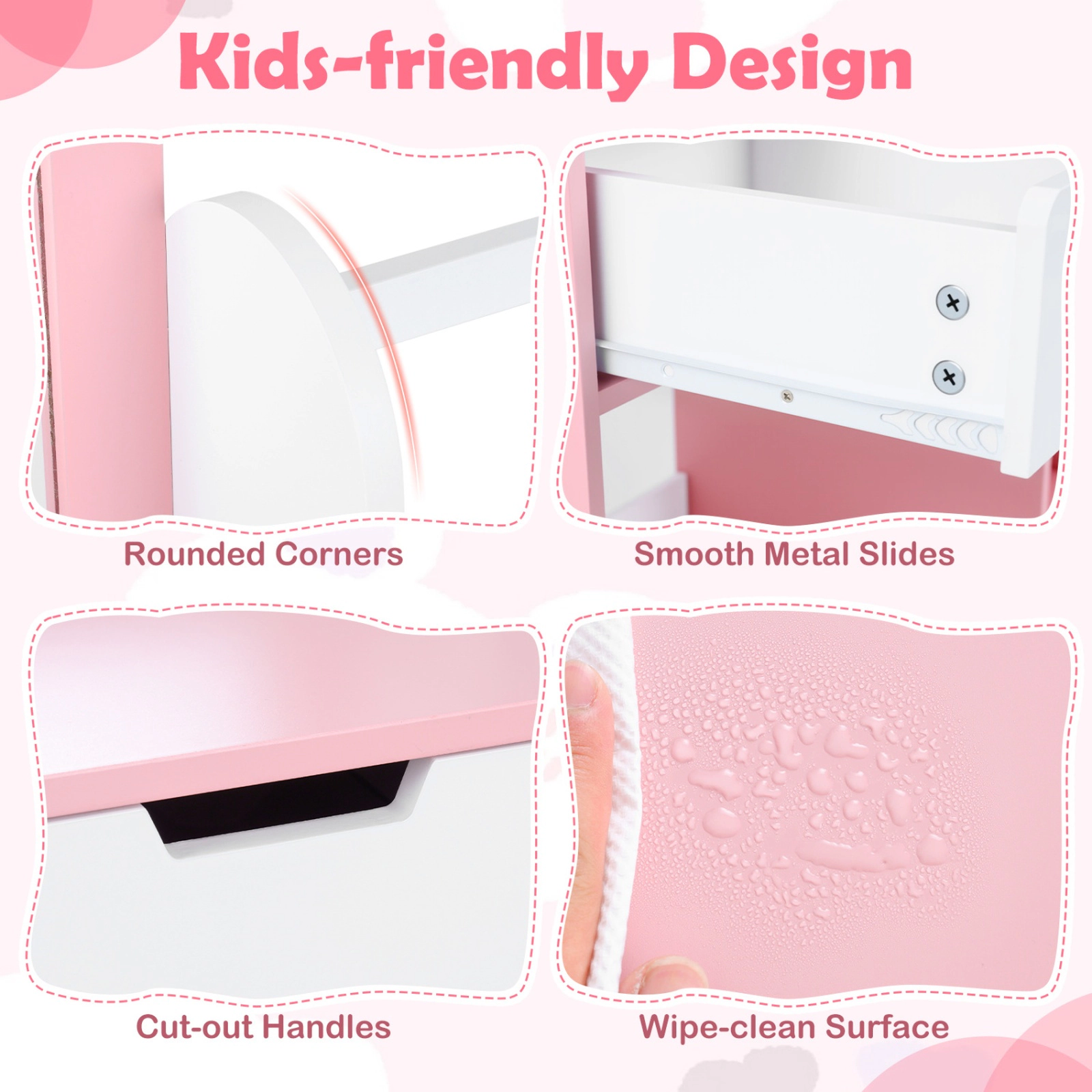 SUGIFT Kids Vanity Set White and Pink with Mirror Chair 2 Drawers and Side Shelves