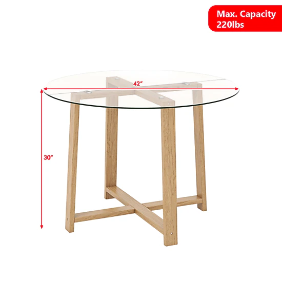 Hivvago Rubberwood Leg Round Dining Table with 42-Inch Tempered Glass Top