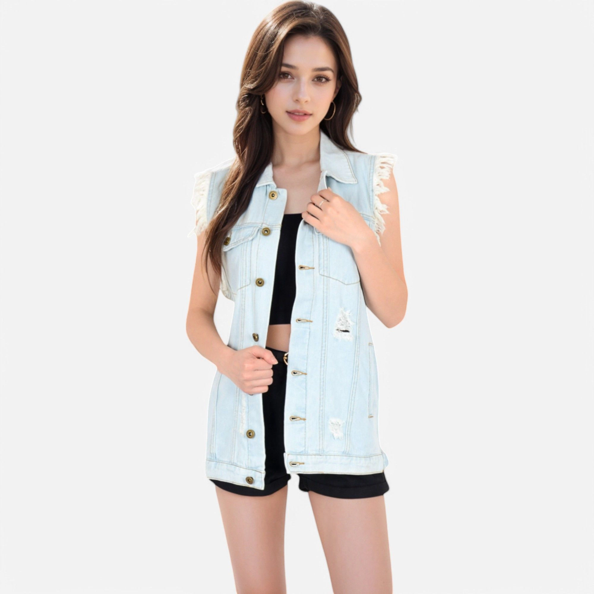 Anna-Kaci Women's Oversize Distressed Sleeveless Denim Vest