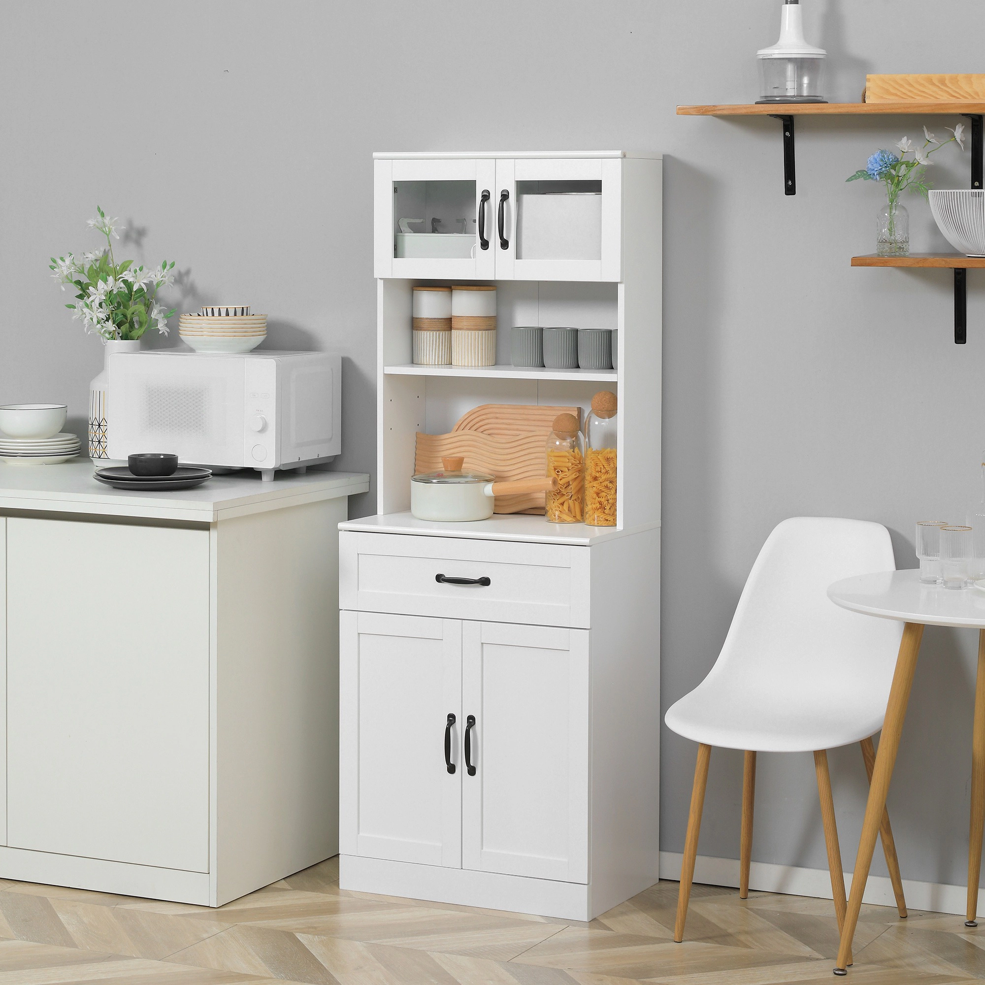 HONGGE 63.5-Inch Freestanding Kitchen Pantry, 4-Door Buffet Cabinet with Hutch and Coffee Bar Shelving, White