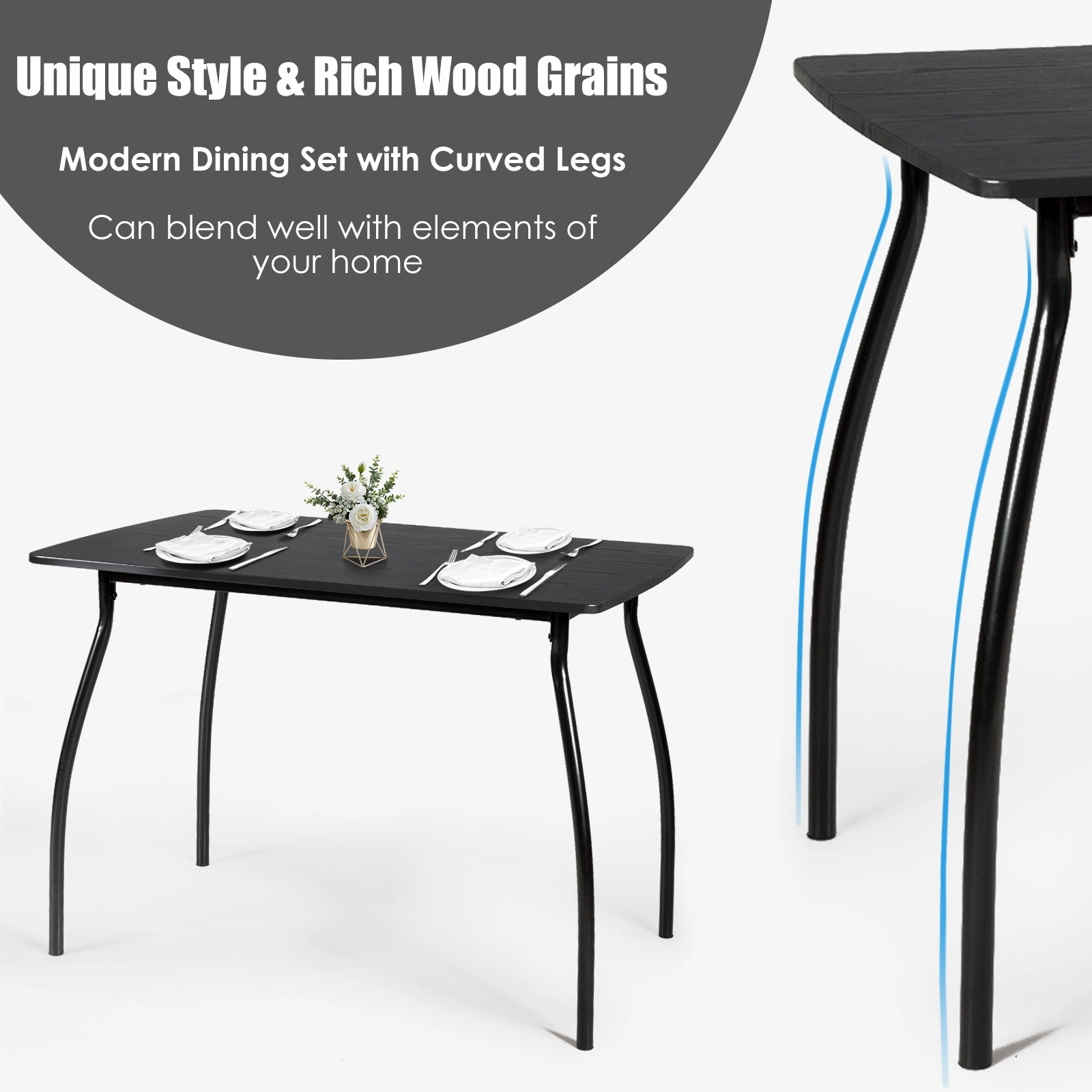 SUGIFT 5-Piece Black Steel Dining Set for 4, 42-Inch Table with Backrest Chairs