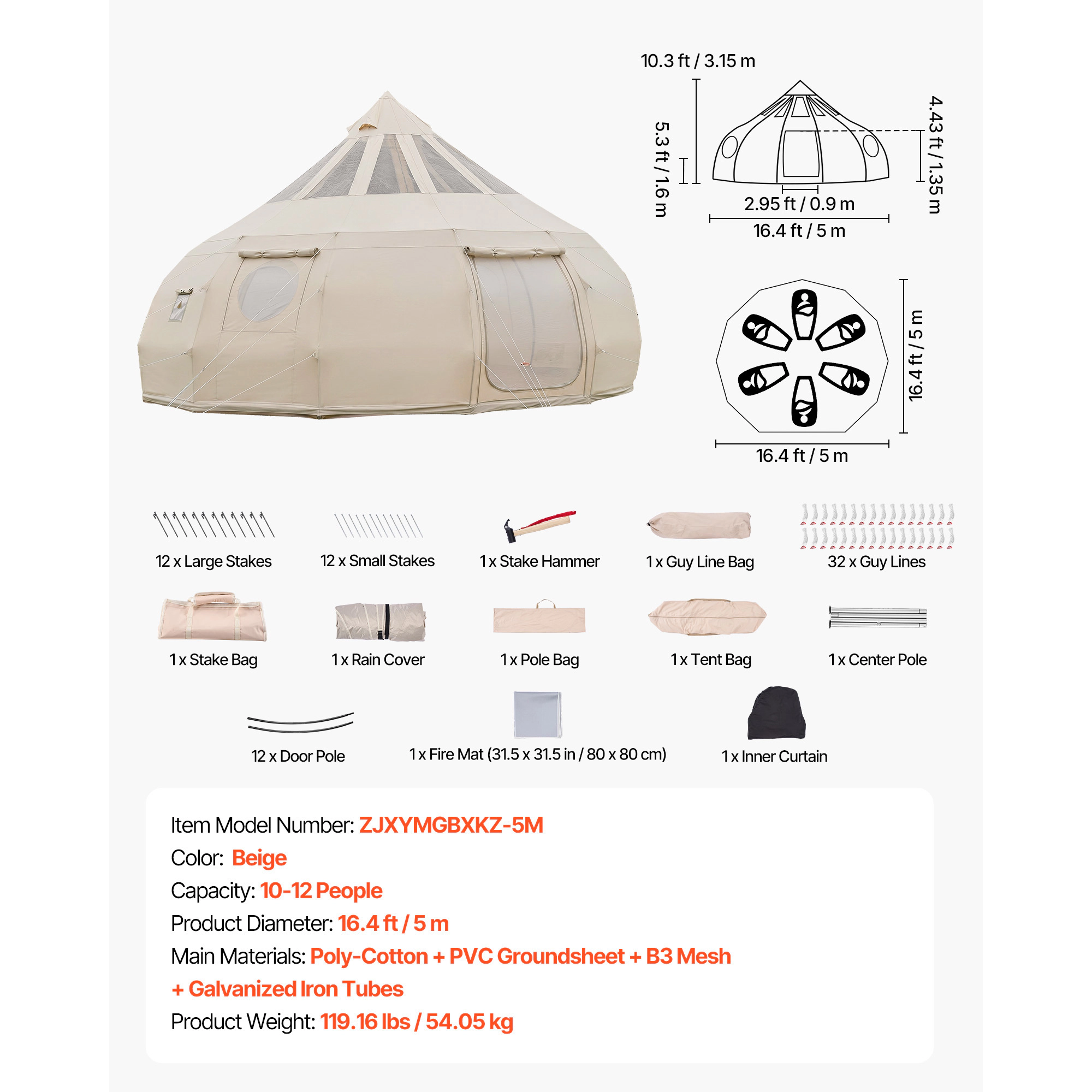 HONGGE Canvas Bell Tent 4 Seasons Yurt Tent for Camping with Stove Jack Canvas Breathable Holds with Zipped Detachable