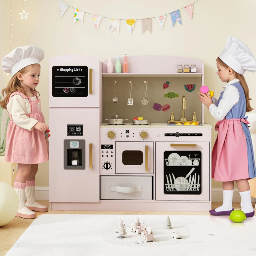 Hivvago Wooden Kids Kitchen Playset with Chalkboard Ice Maker Sink Lighted Microwave