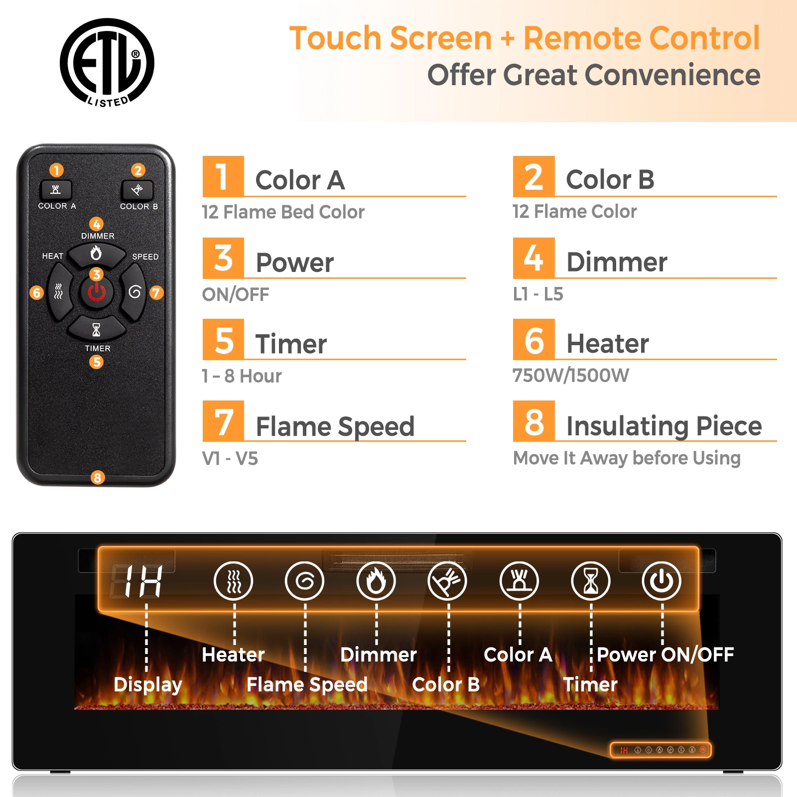 SlickBlue 60 Inch Wall Mount Electric Fireplace with Crystals, 12 Flame Colors