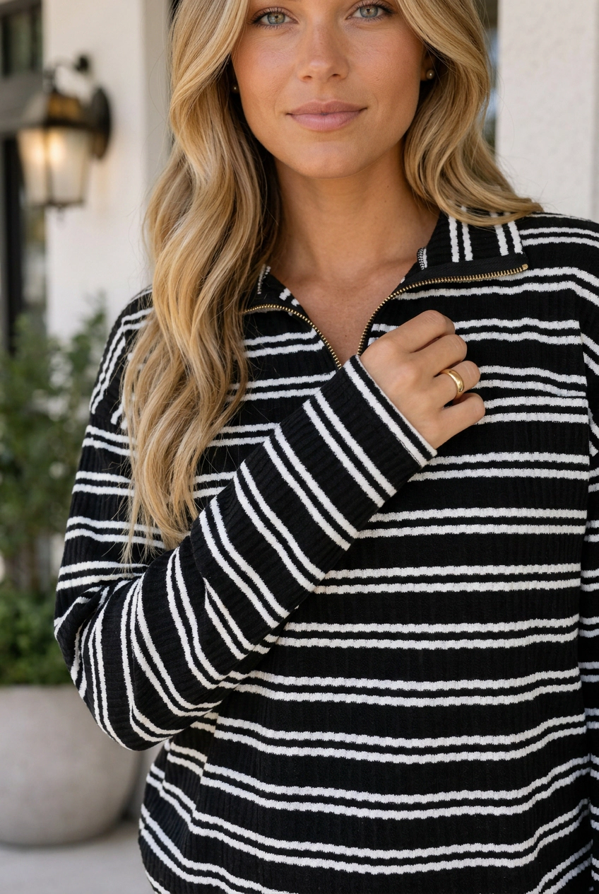 Threaded Pear Carol Zip Collar Long Sleeve Top