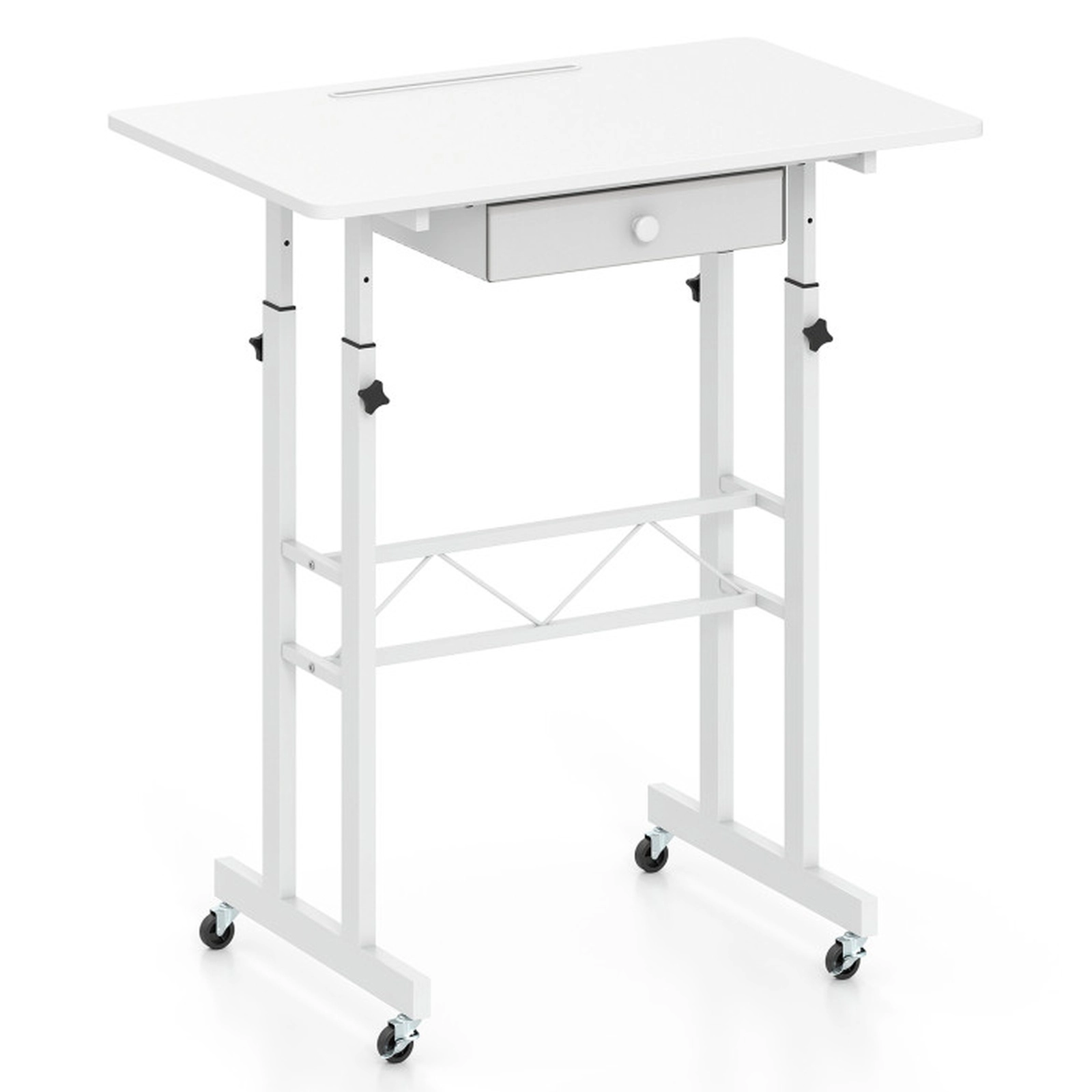 SUGIFT Height Adjustable Laptop Desk with Fabric Drawer Tablet Holder Lockable Wheels 45-lb Tabletop Capacity White