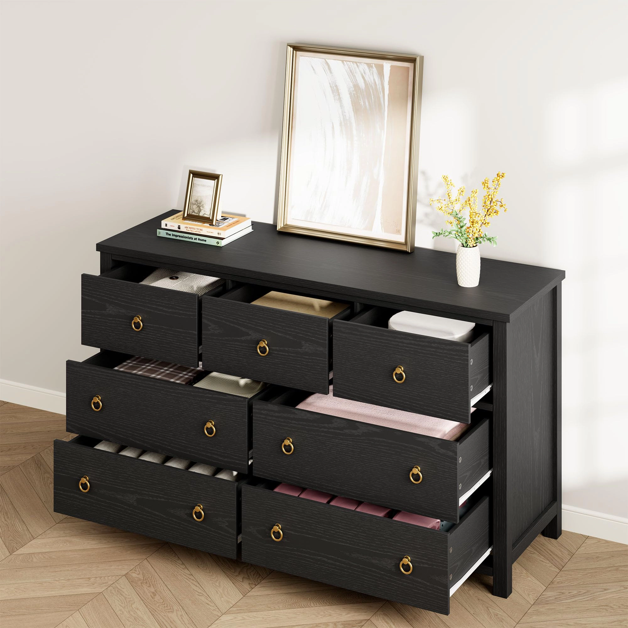 7 Drawer Modern Black Dresser & TV Stand, 54" Wide Wooden Storage Cabinet for Bedroom Living Room