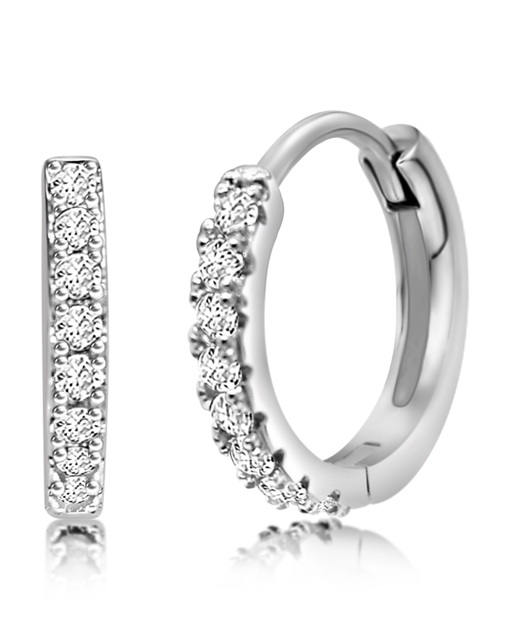 CHANTEUR Kids Round Crystal Huggie Hoop Earrings - White Gold Palladium Plating, Silver Sparkle