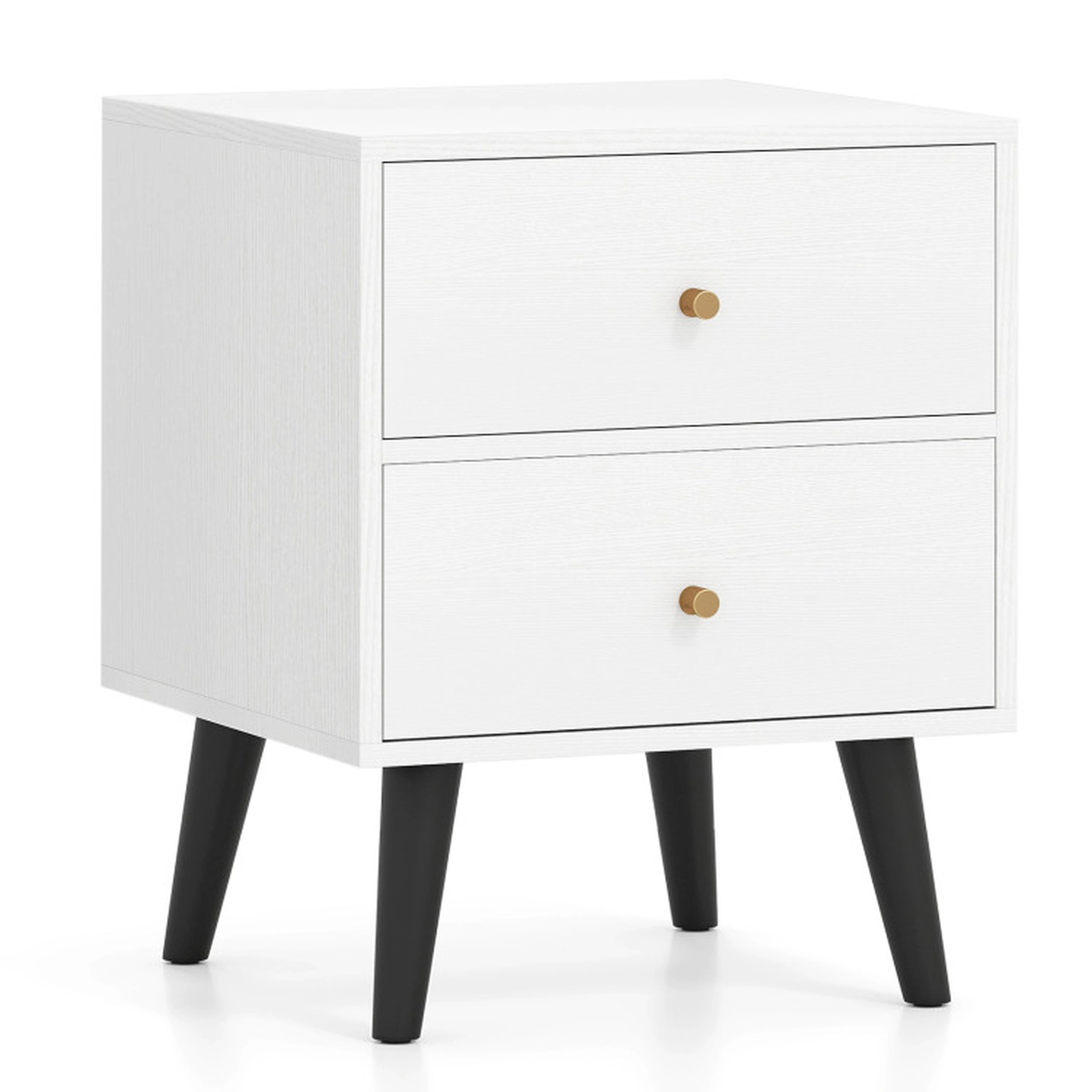 SUGIFT Mid Century Modern Nightstand 2 Drawers Golden Handles & Raised Legs 66-lb Tabletop Capacity White