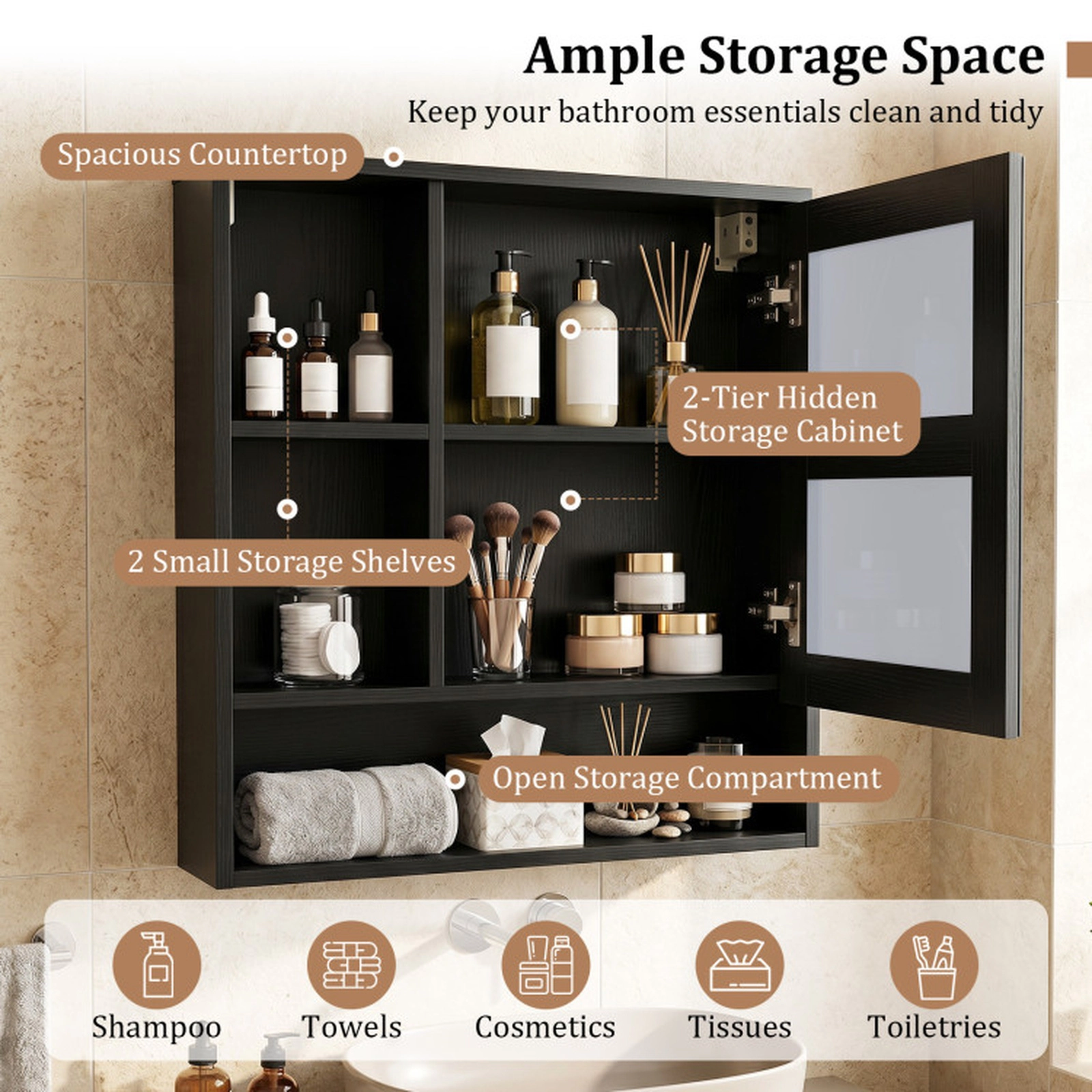 SUGIFT Black 22-lb Countertop Wall-Mounted Bathroom Mirror Cabinet with 2 Hidden Shelves and 3 Open Compartments
