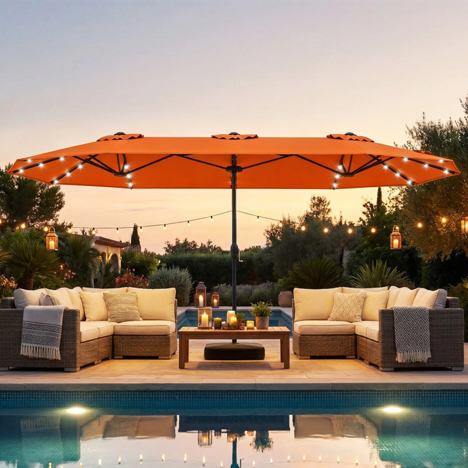 SUGIFT 13-ft Patio Umbrella with Solar Lights and Cross Base 32-lb Net Weight for Garden Pool Backyard Orange