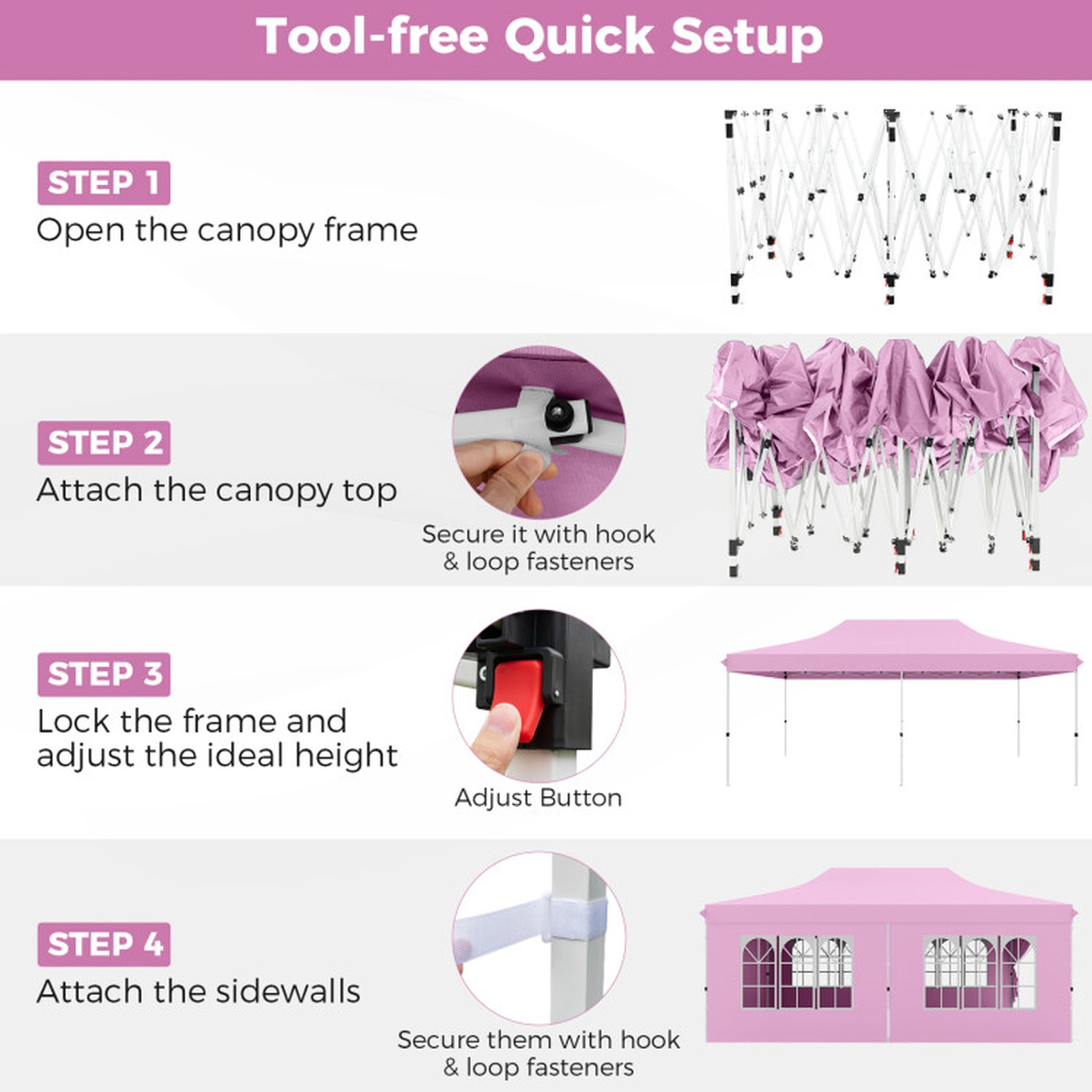 SUGIFT Pink 10-ft by 20-ft 3-Level UPF50+ 210D Oxford Pop Up Canopy Tent with 6 Sidewalls and Windows