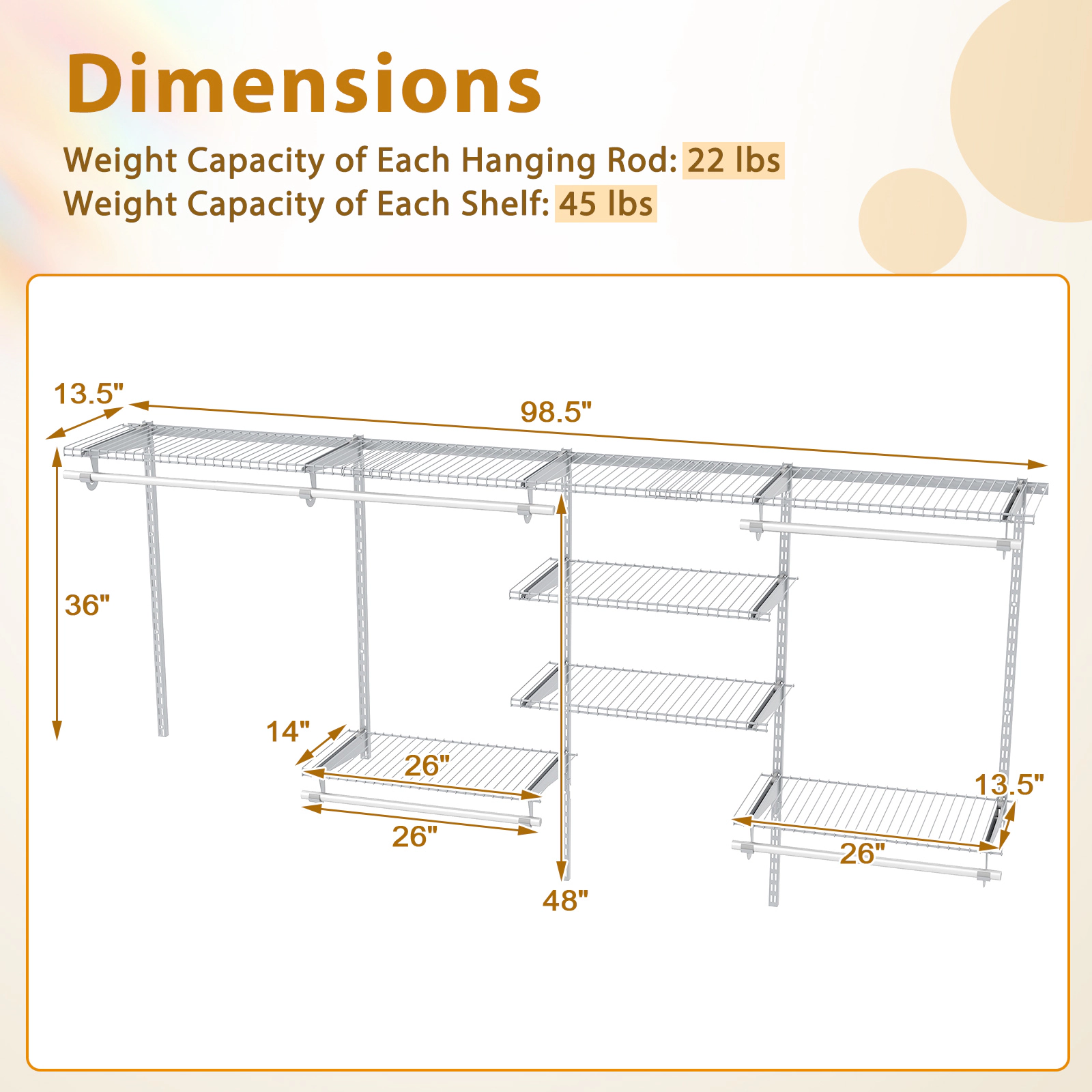 SUGIFT 4-ft to 8-ft Wall Mounted Closet Organizer System with 5 Hanging Rods and 7 Shelves for Laundry