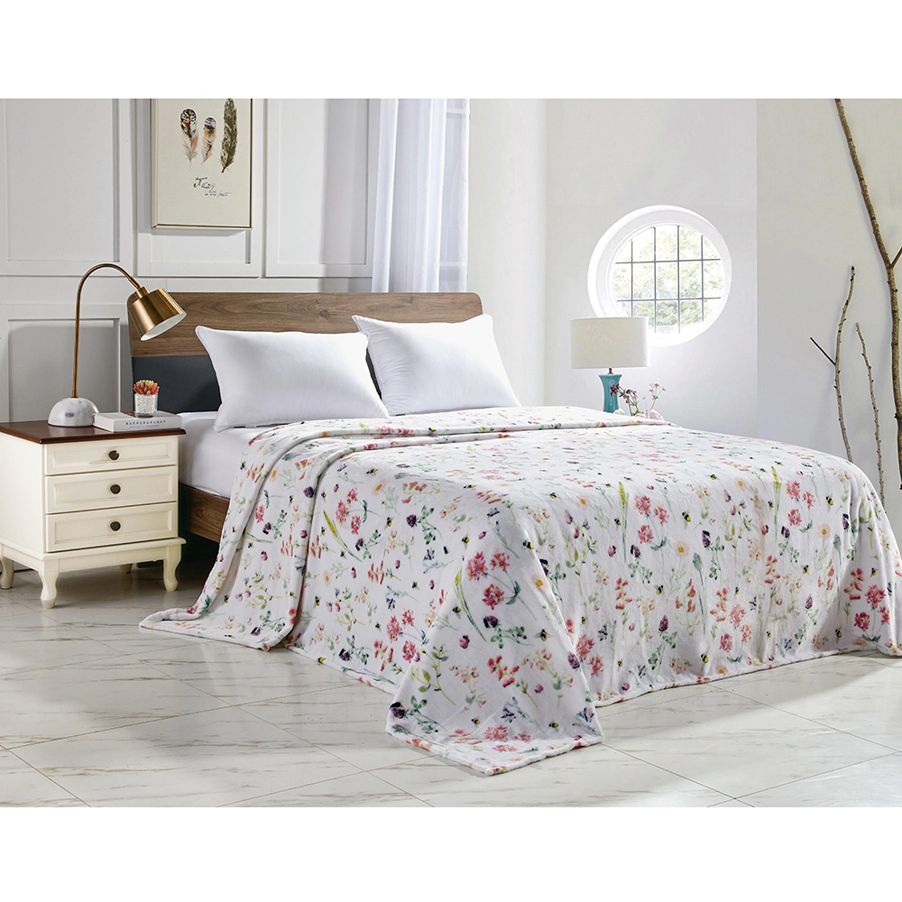 Plazatex Luxurious Ultra Soft Lightweight Bloom Printed Bed Blanket White/Floral 90" x 90"