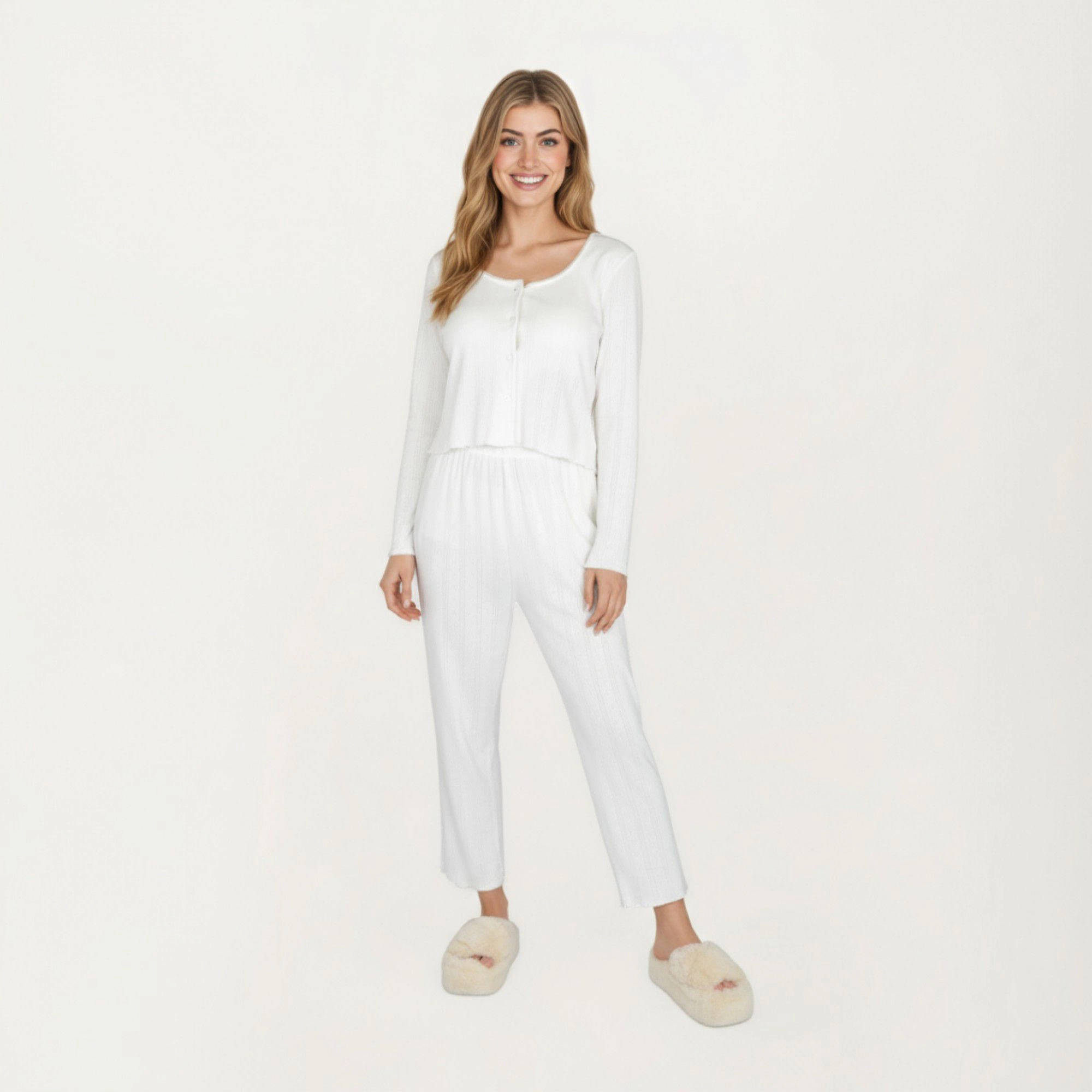 Anna-Kaci Women's 2-Piece Button Front Top with Built-In Chest Pads and Relaxed Fit Pants Pajama Set Soft Knit Fabric