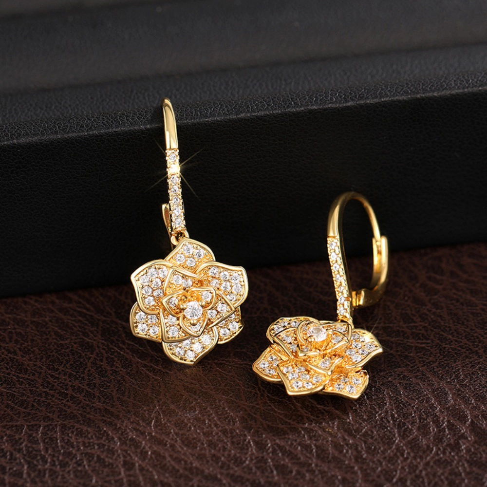 Luxury Camellia Flower Cubic Zirconia Dangle Earrings for Women