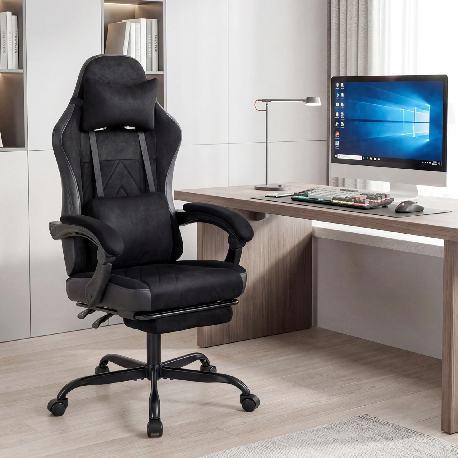 SUGIFT Ergonomic Suede Gaming Computer Chair with Headrest Lumbar Support Linkage Armrests 330-lb Capacity Black