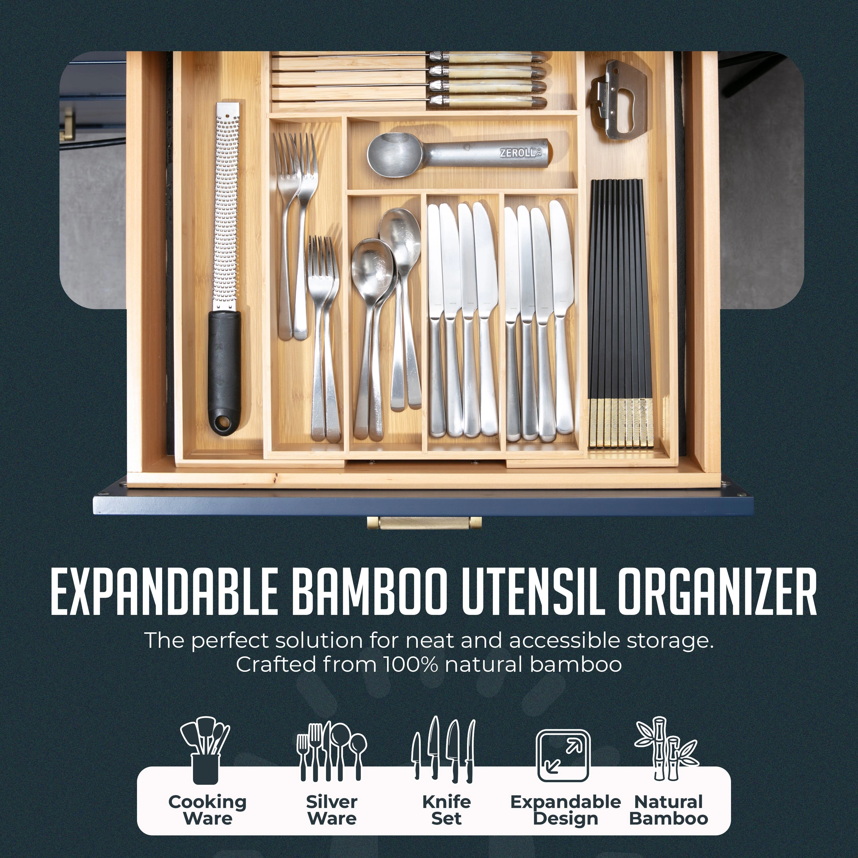 Luminuxe Expandable Bamboo Utensil Drawer Organizer, Wooden Utensil Tray, Non-Slip, Cutlery Divider for Kitchen