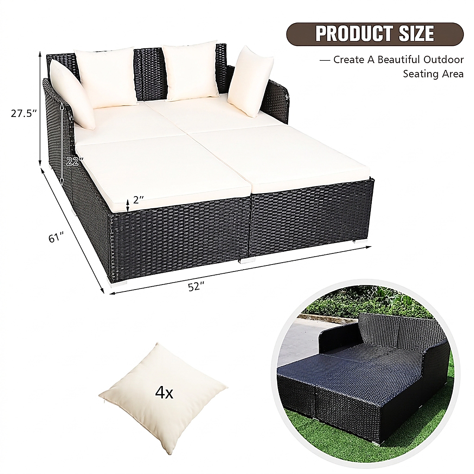 SUGIFT White 2-Person Outdoor Rattan Daybed with 800-lb Capacity and Cushions