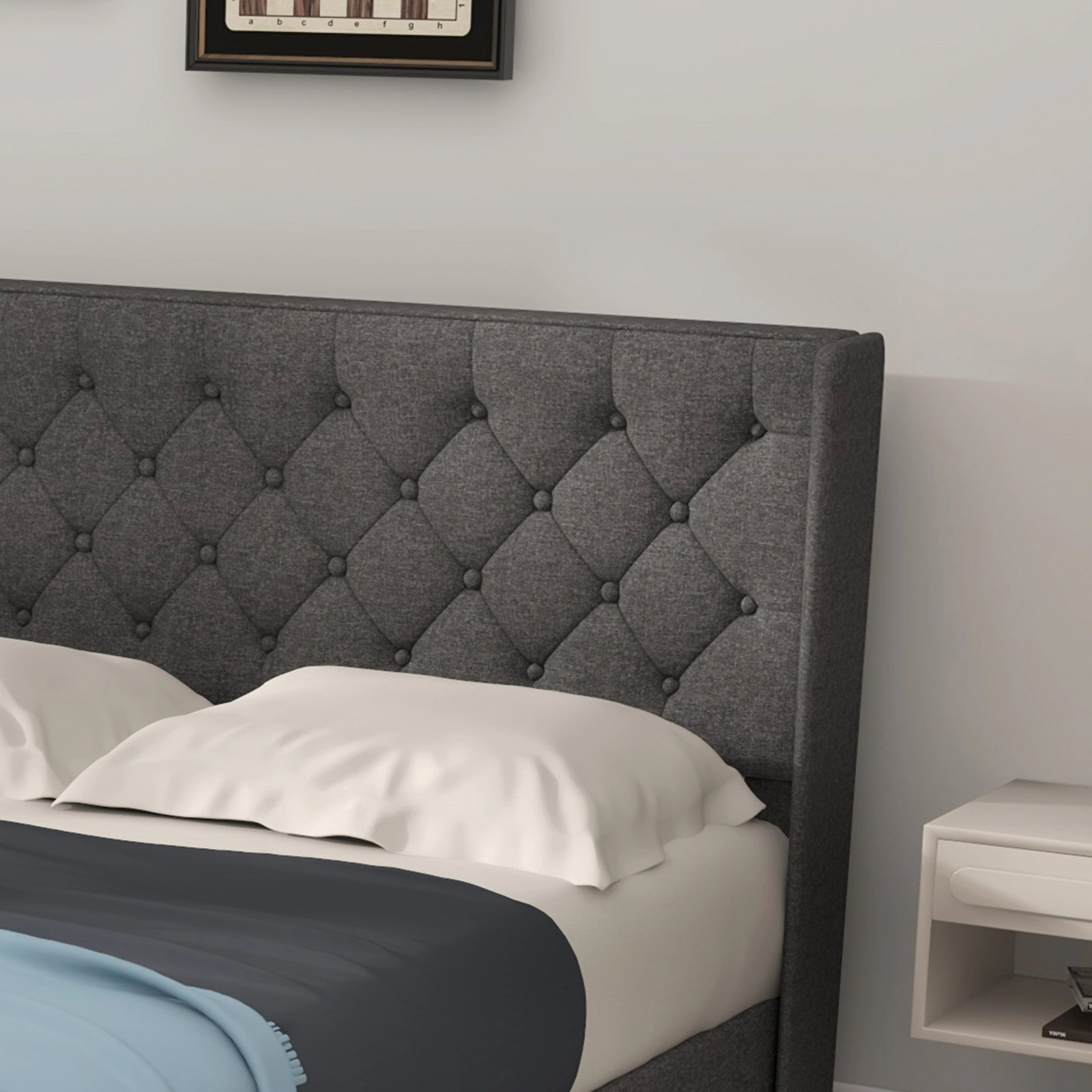 SUGIFT Solid Wooden Slat Upholstered Platform Bed with Button Tufted Headboard 400-Lb Capacity Queen Size Gray