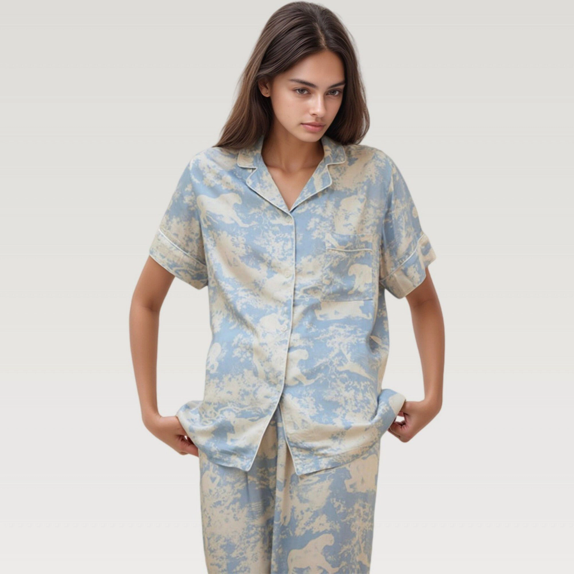 Anna-Kaci Women's Satin Pajama Set with Short Sleeve Button Up Top and Abstract Animal Print Relaxed Pants