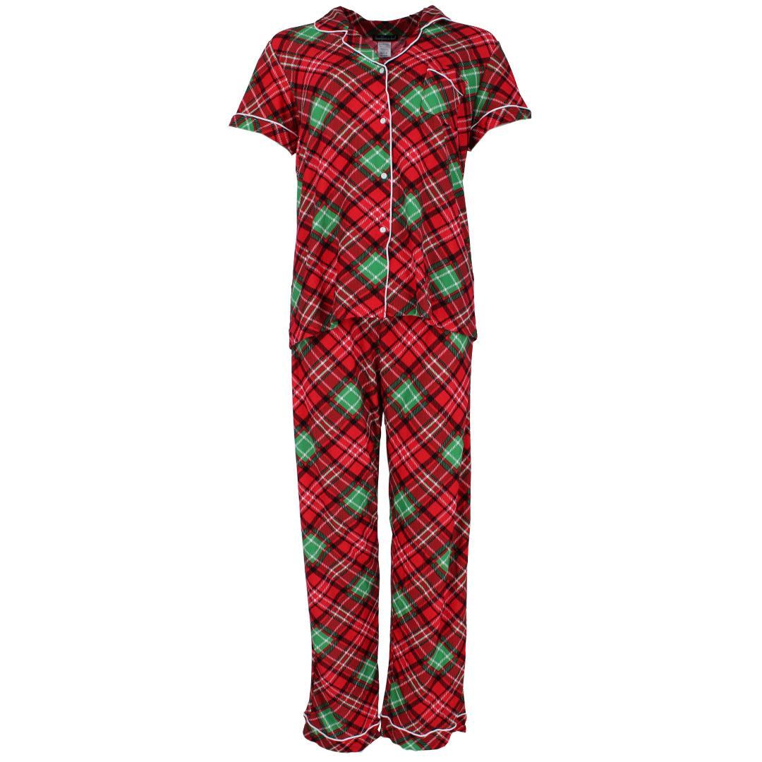 Breakfast Bed Women's Plaid Notch Collar Short Sleeve Pajama Set