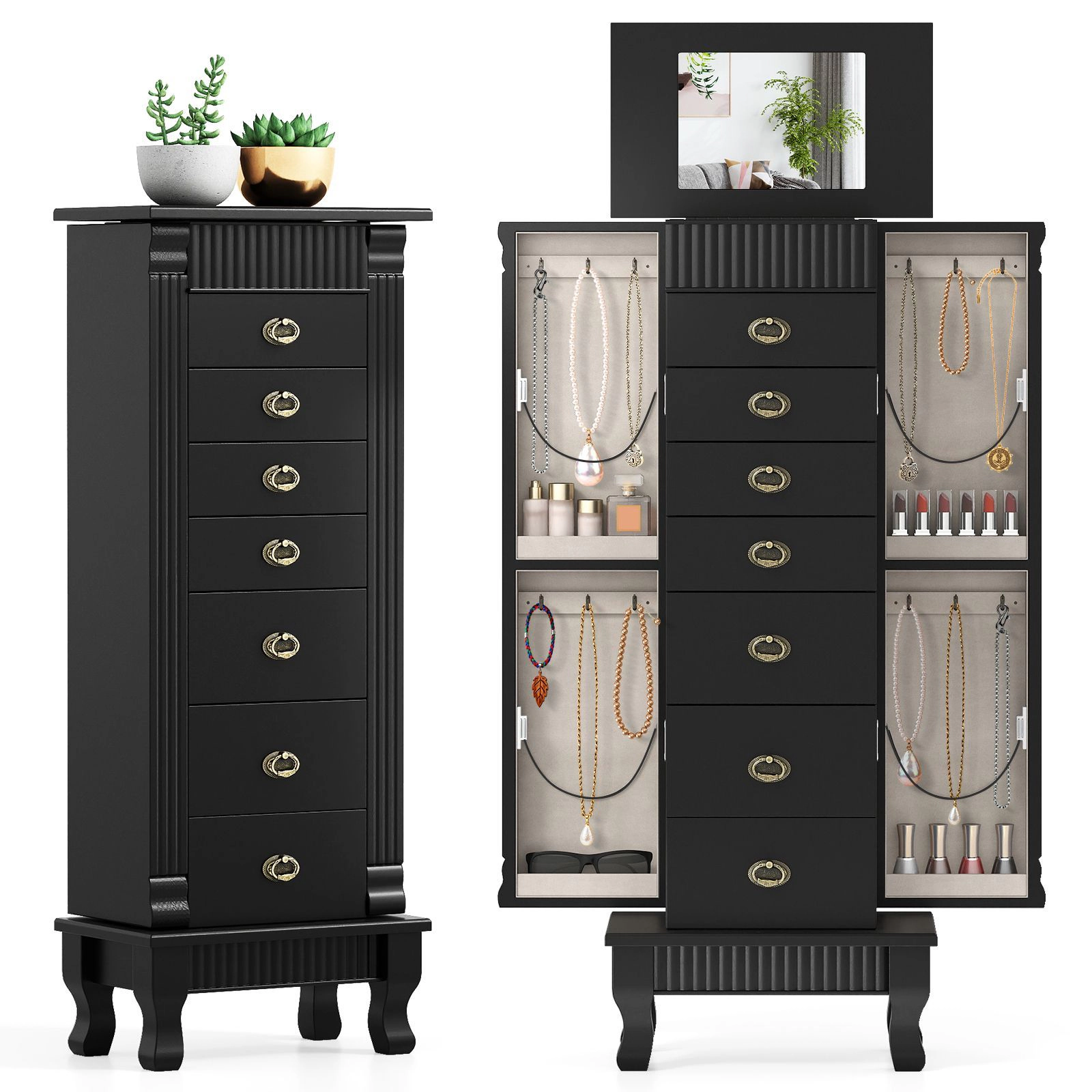 SlickBlue Women's 7-Drawer Wooden Jewelry Cabinet with Mirror