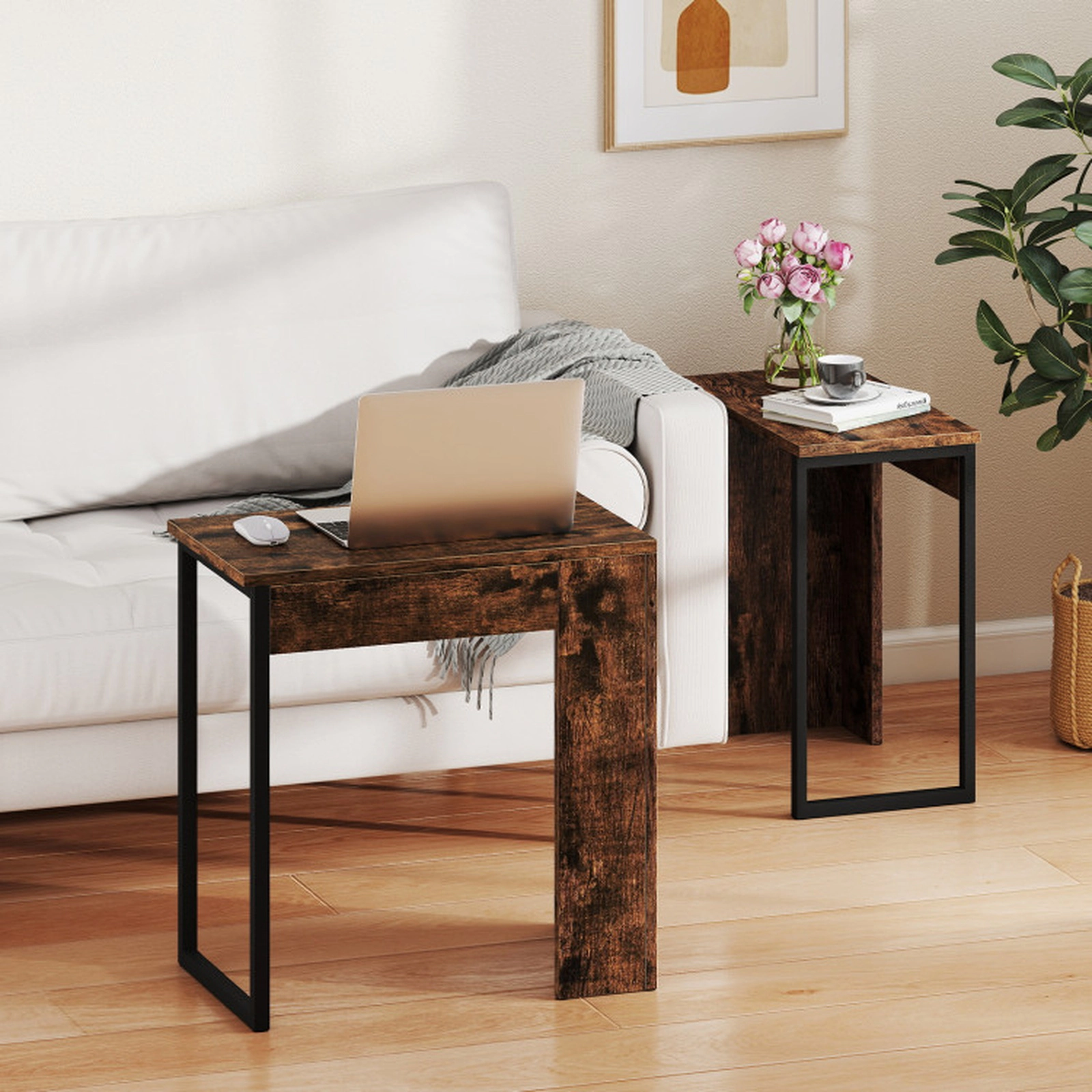 SUGIFT Set of 2 Nesting 2-in-1 Metal Frame Wood Coffee Tables 20-in x 12-in x 21-in 44-lb Capacity Rustic Brown
