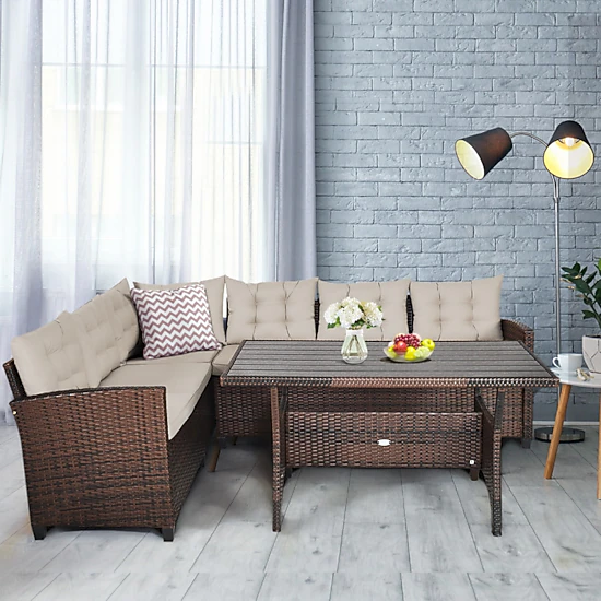 Hivvago 3 Pieces Hand-Woven Rattan Outdoor Sofa Set With Dining Table