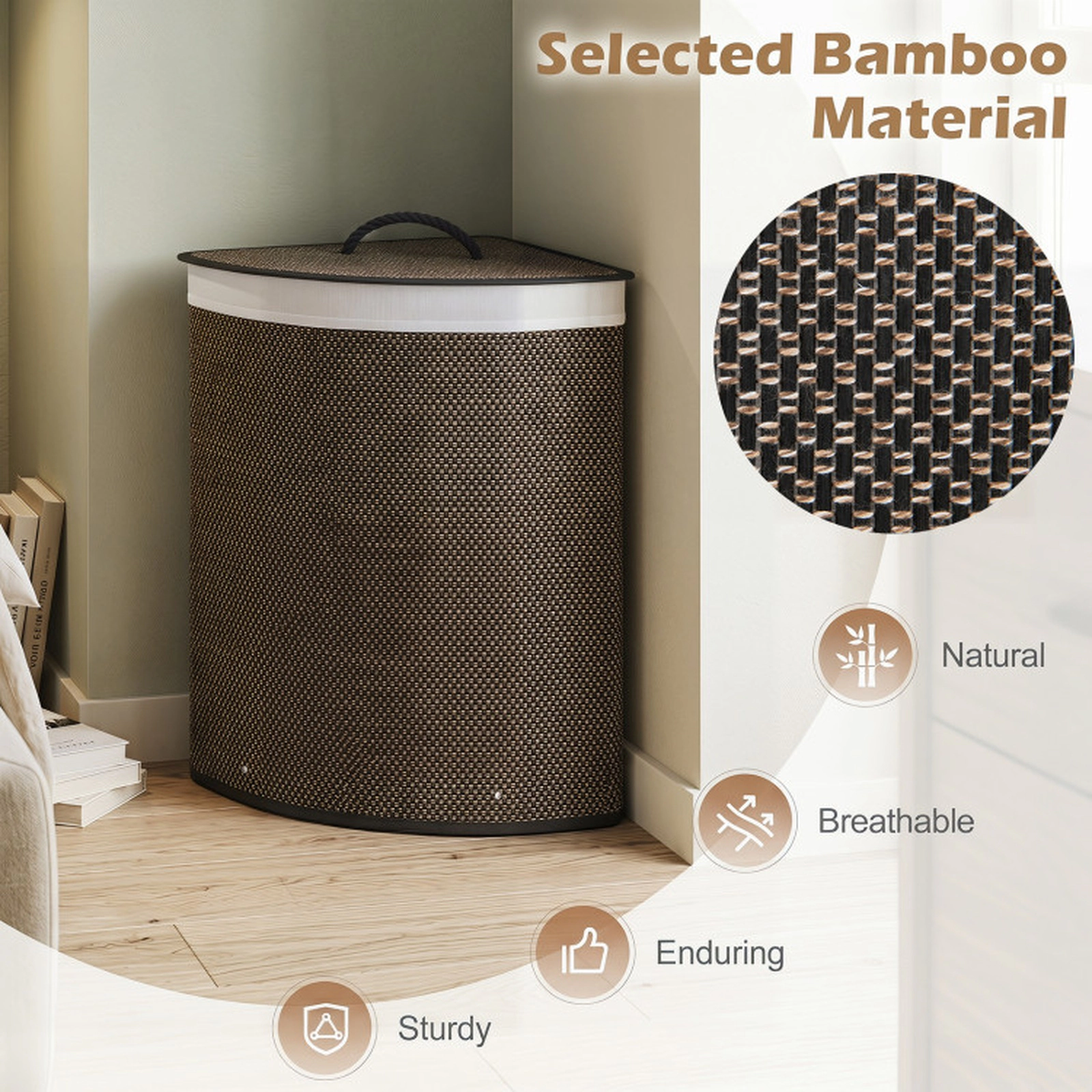 SUGIFT 15 Gal Bamboo Laundry Hamper with Removable Liner 22-lb Capacity 3-lb Lightweight Foldable Black