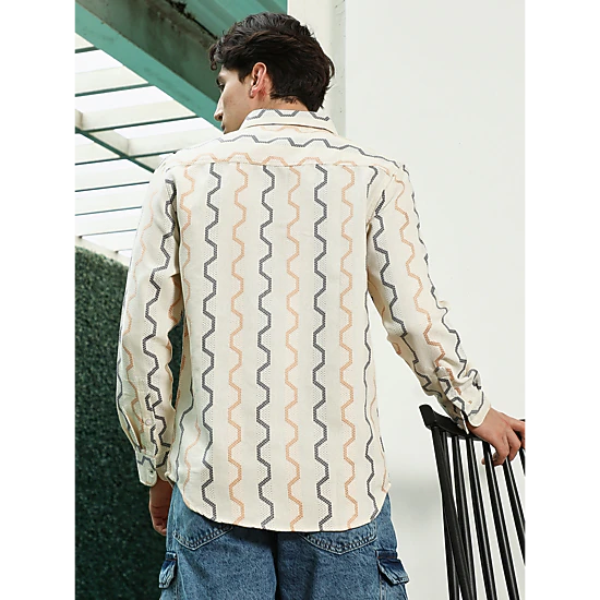 Off White Zigzag Pattern Full Sleeve Cotton Blend Shirt