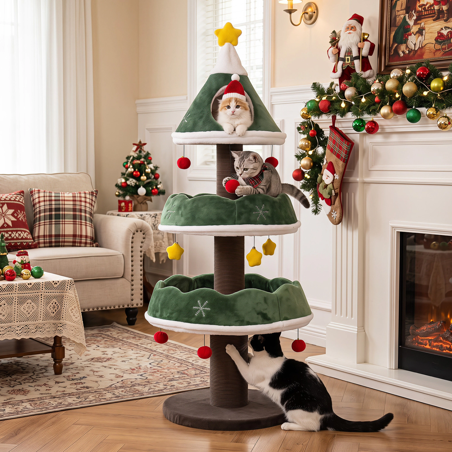 LJG 56.5 Inch Multi-Level Cat Tower with Fully-Wrapped Scratching Posts