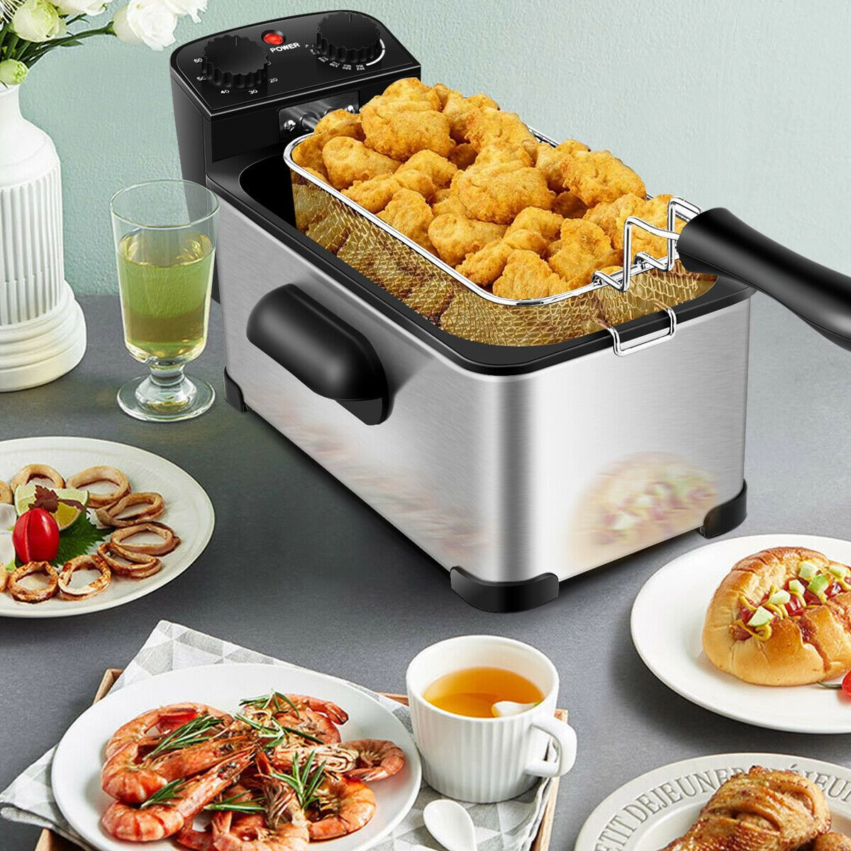 SlickBlue Stainless Steel Electric Deep Fryer 1700W 3.2Qt Oil Pot 60-Min Timer