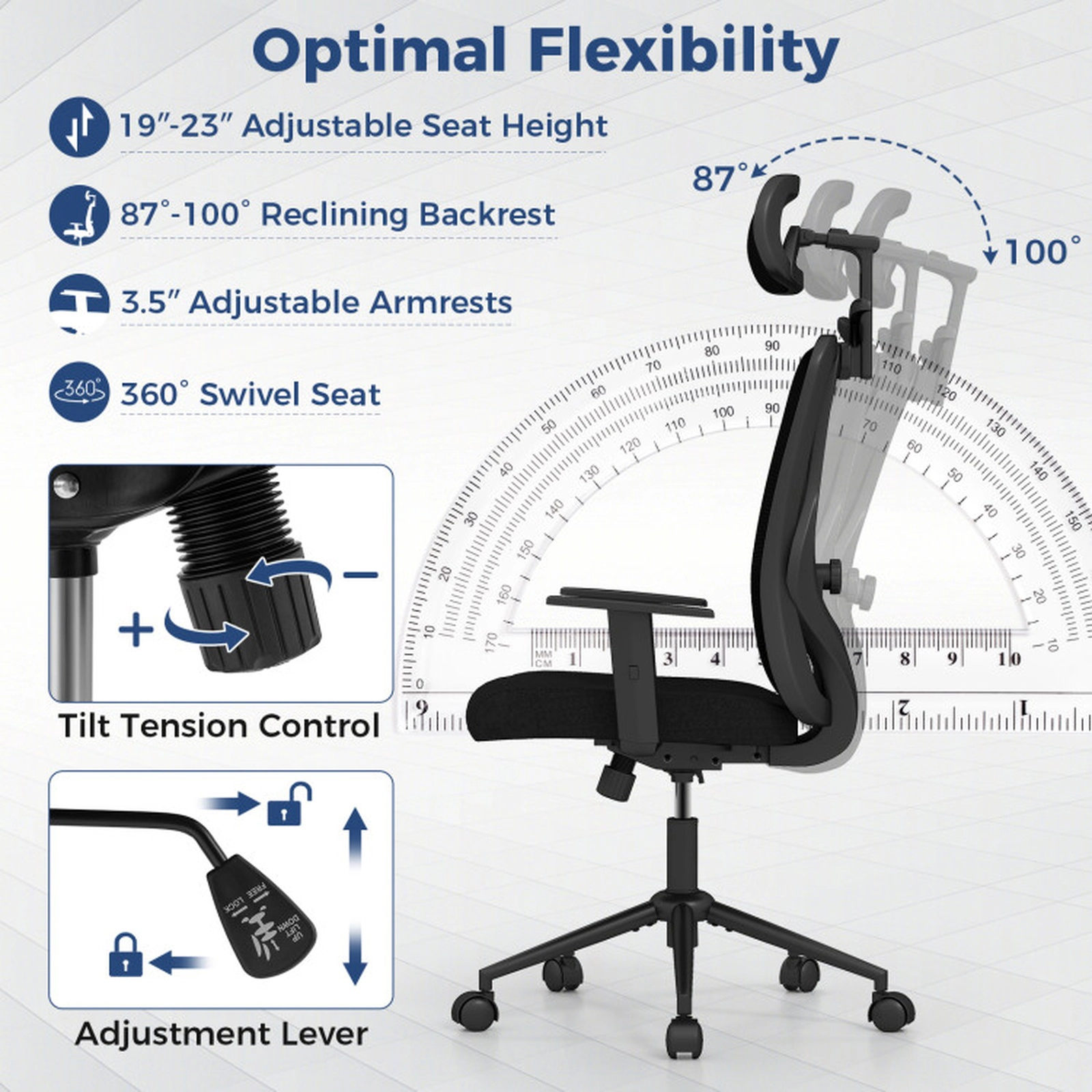 SUGIFT 330-lb Capacity Black Mesh High Back Desk Chair with 3D Headrest Coat Hanger and Waterfall Seat