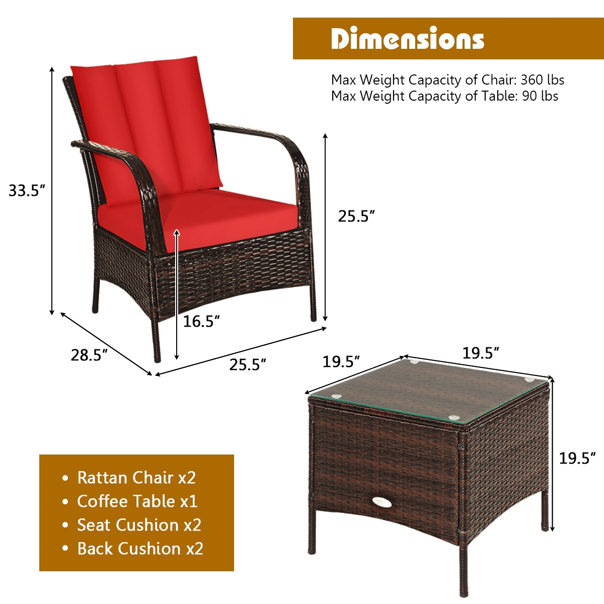 SUGIFT 3-Piece PE Rattan Patio Conversation Furniture Set Tempered Glass Coffee Table 360-lb Chair Capacity Red Cushions