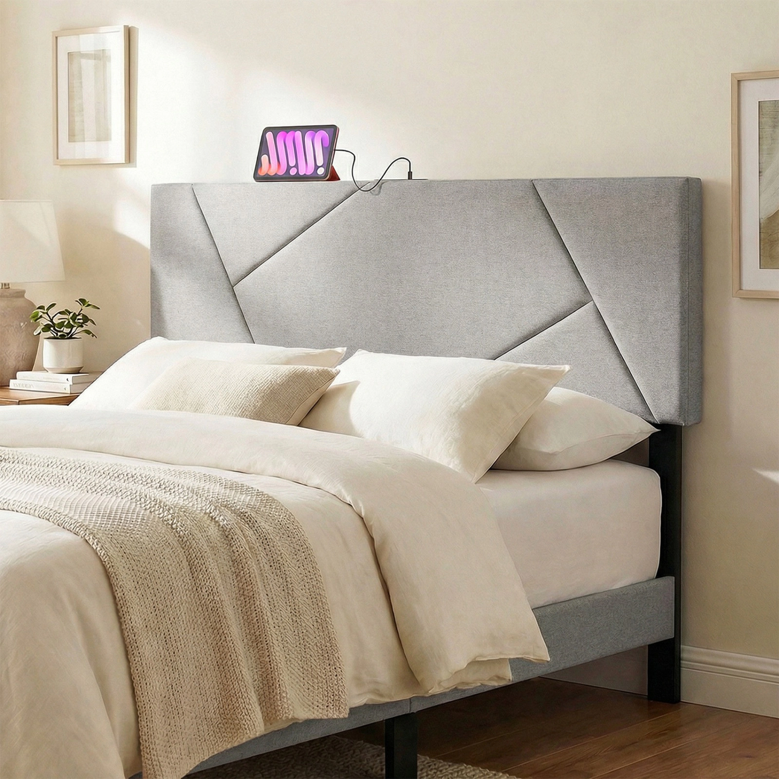 SUGIFT Geometric Upholstered Headboard with Outlets for Full and Queen Beds Gray