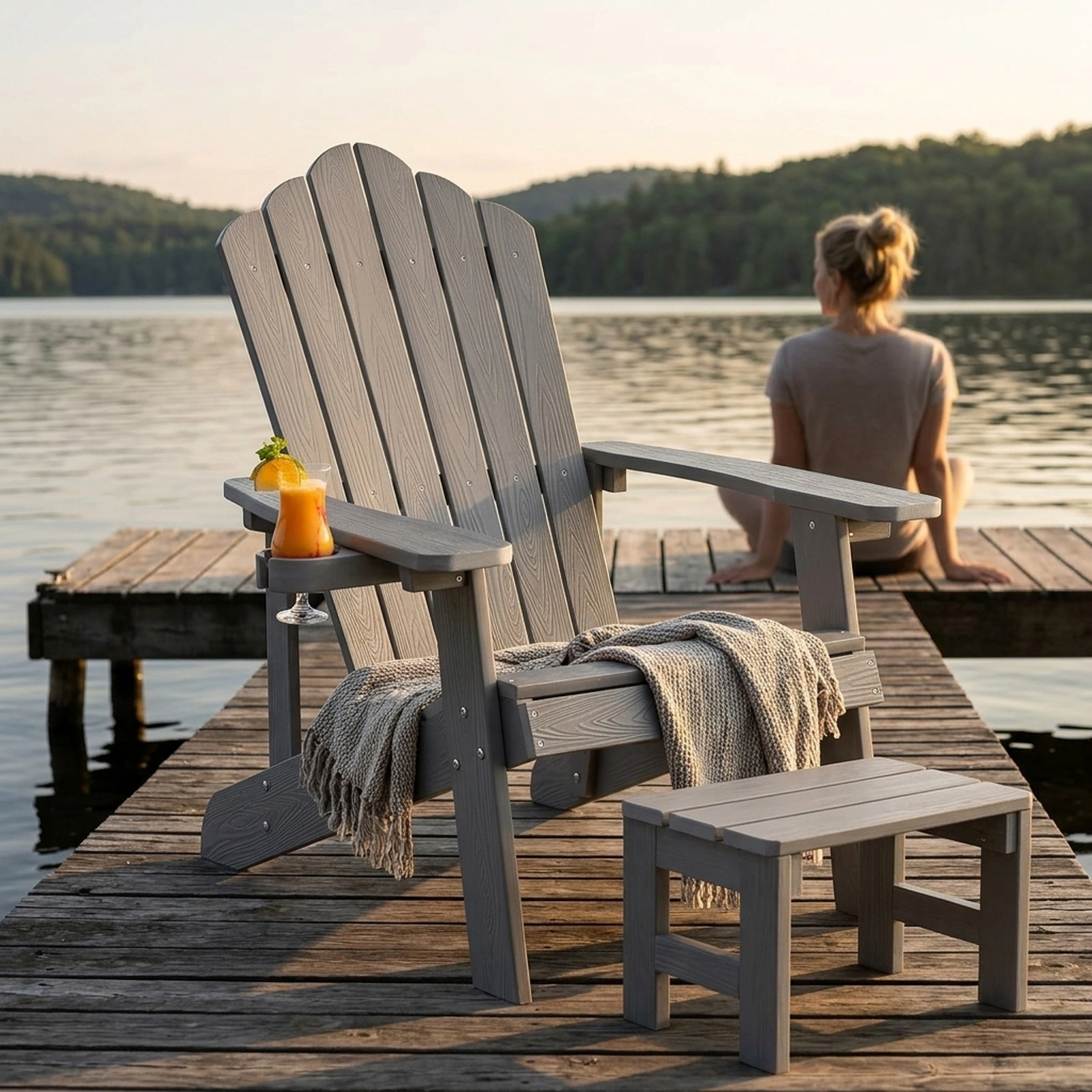 SUGIFT Gray HIPS Adirondack Chair with Hidden Cup Holder