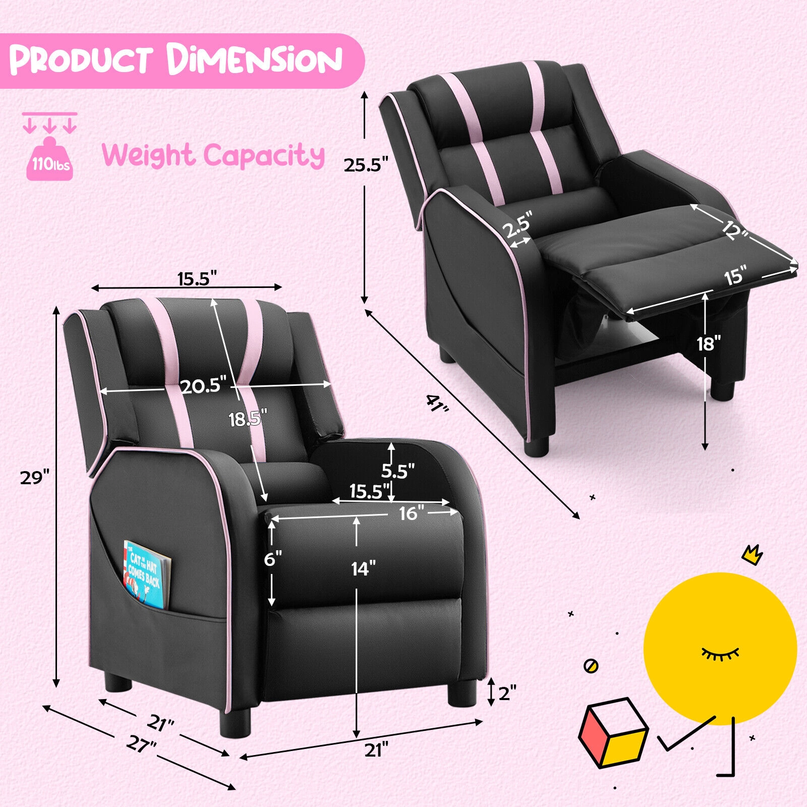 SUGIFT High-Density Sponge Kids Recliner Chair with Side Pockets and Footrest 110-lb Capacity Ages 3-12 Pink