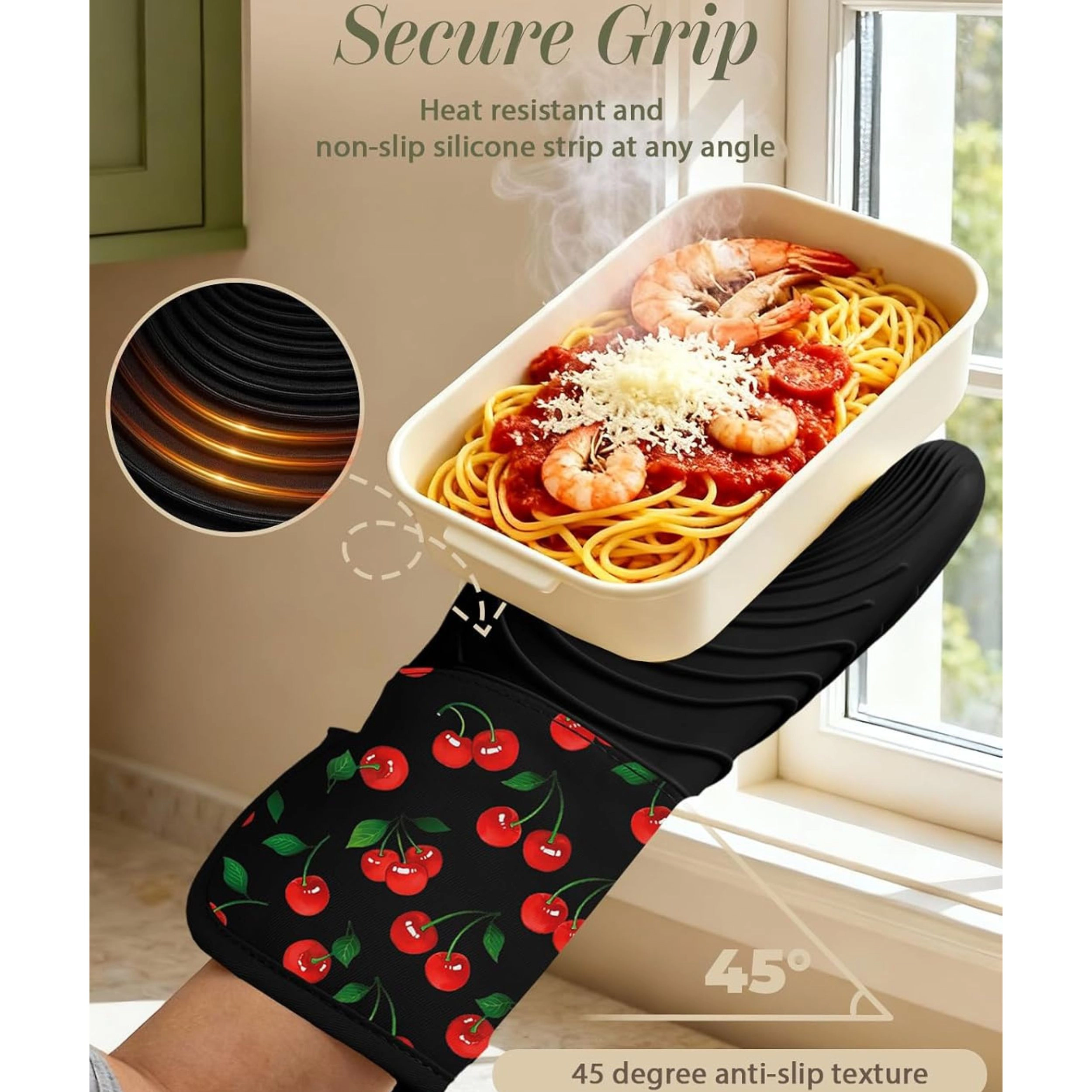 Stock Preferred Pack of 2 Long Silicone Oven Mitts with Cotton Lining and Nonslip Grip