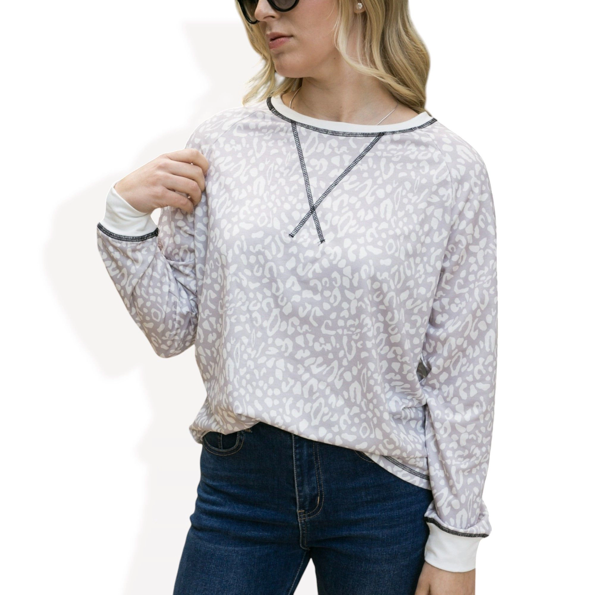 Anna-Kaci Women's Leopard Print Long Sleeve Pullover Top with Ribbed Cuffs and Crew Neckline