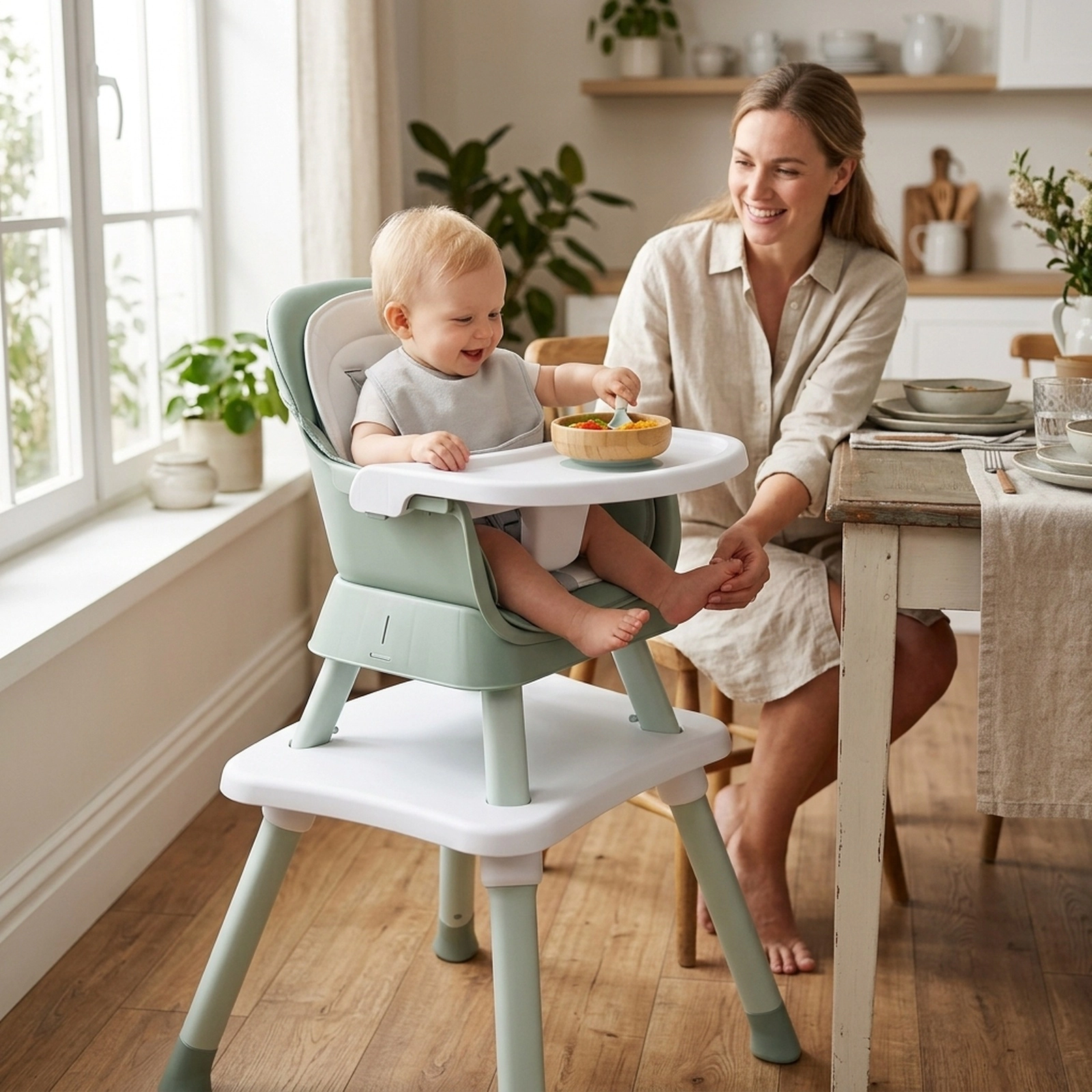 Easy-Clean 6-in-1 Baby Highchair Dishwasher-Safe BPA-Free Tray Removable Cushion Anti-Falling Barrier Green