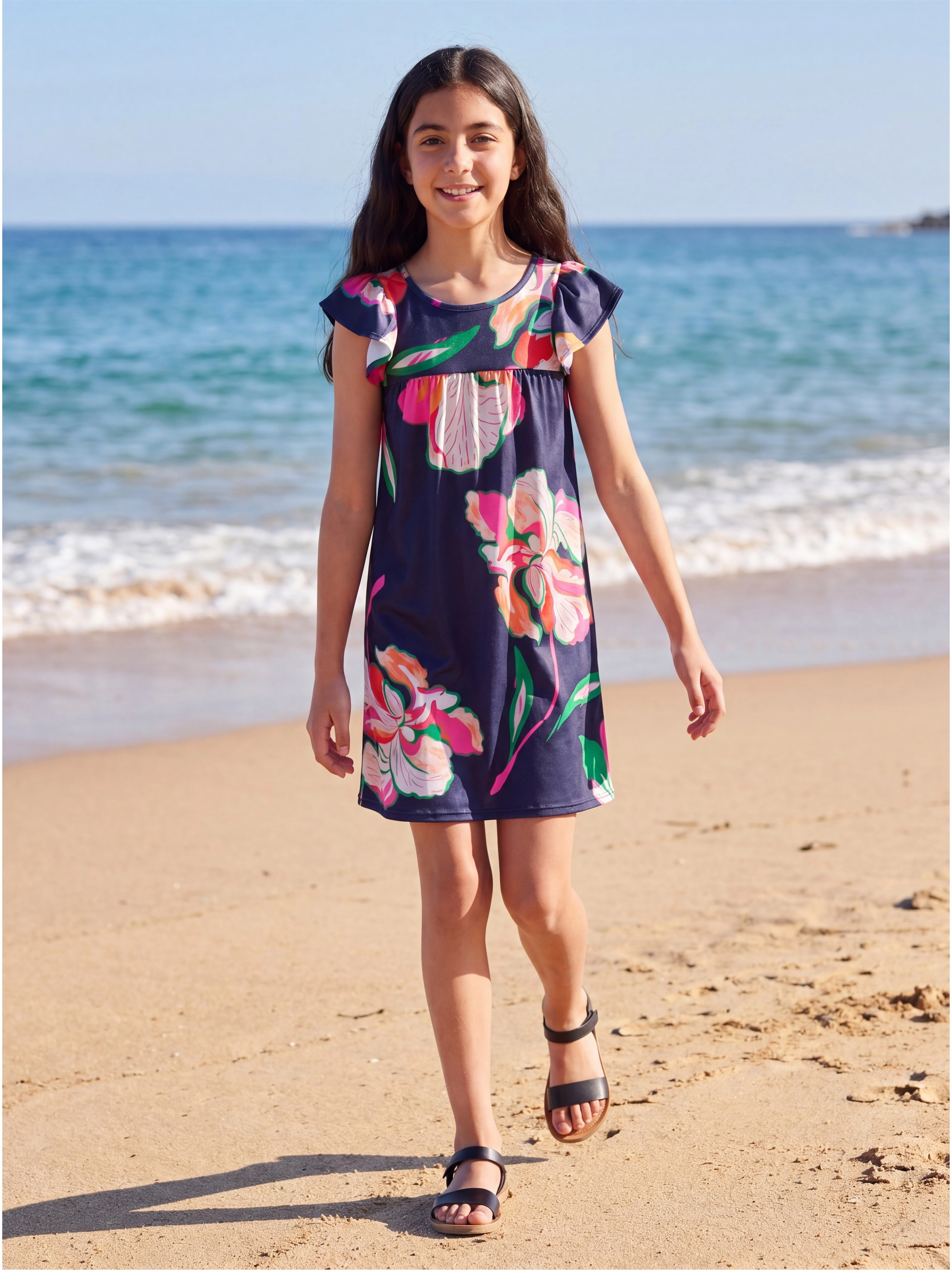 24sevenKid Essential Girls Navy Blue Floral Print Cap Sleeve Babydoll Dress