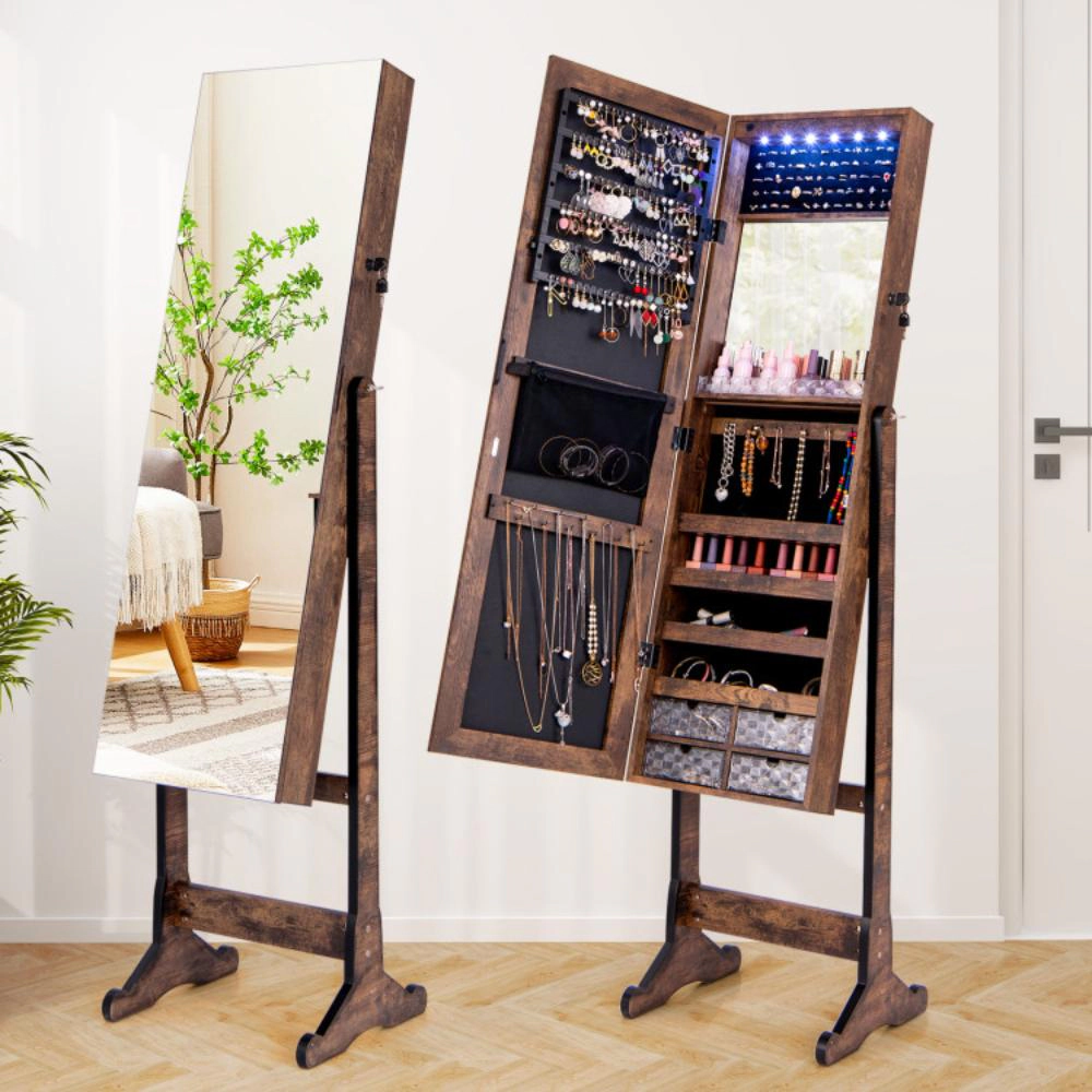 Hivvago Free Standing Full Length Jewelry Armoire with Lights