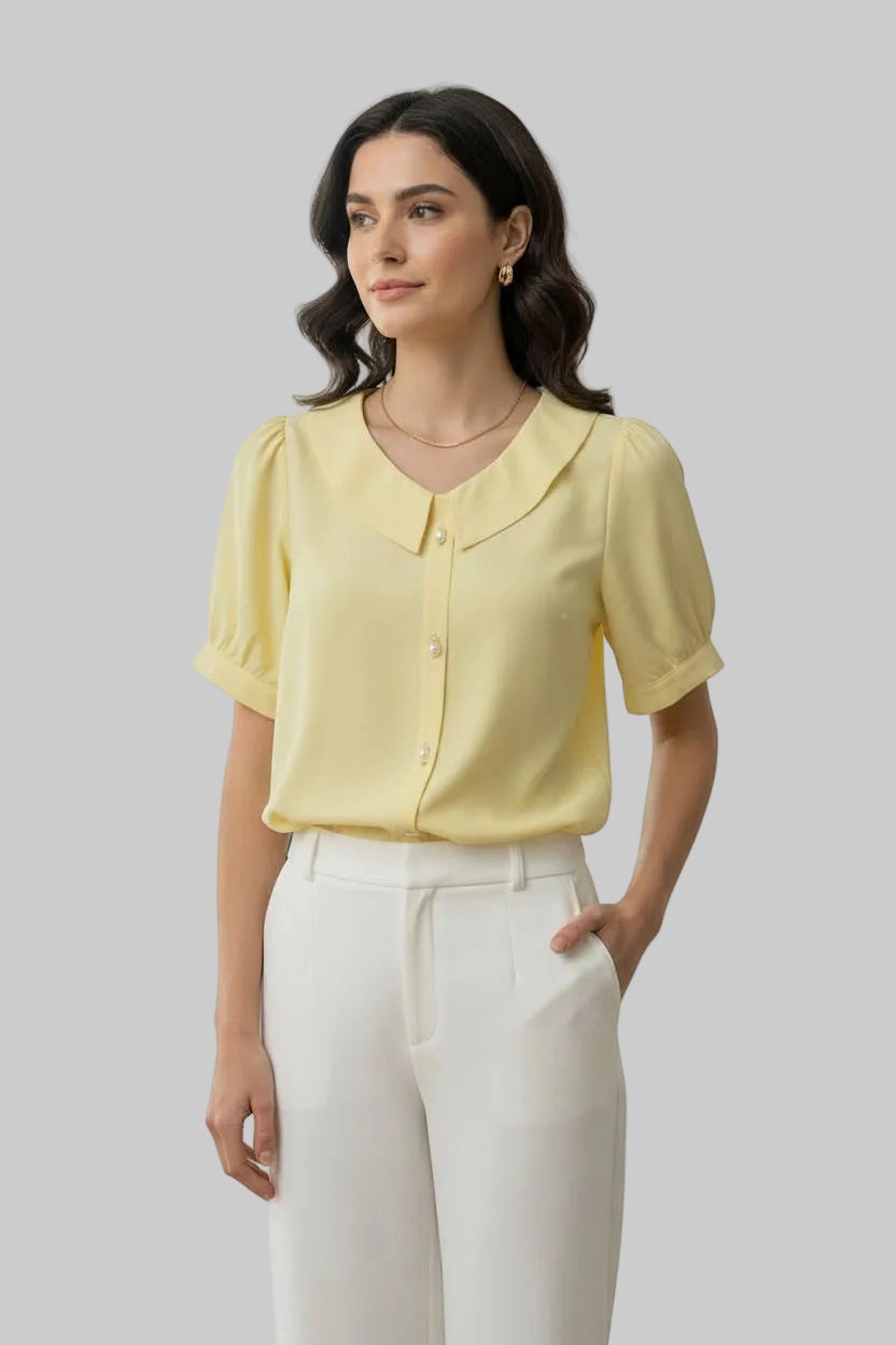 DressAtR Women's Split Collar Round Neck Pearl Detail Puff Elbow Sleeve Blouse