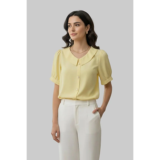 DressAtR Women's Split Collar Round Neck Pearl Detail Puff Elbow Sleeve Blouse