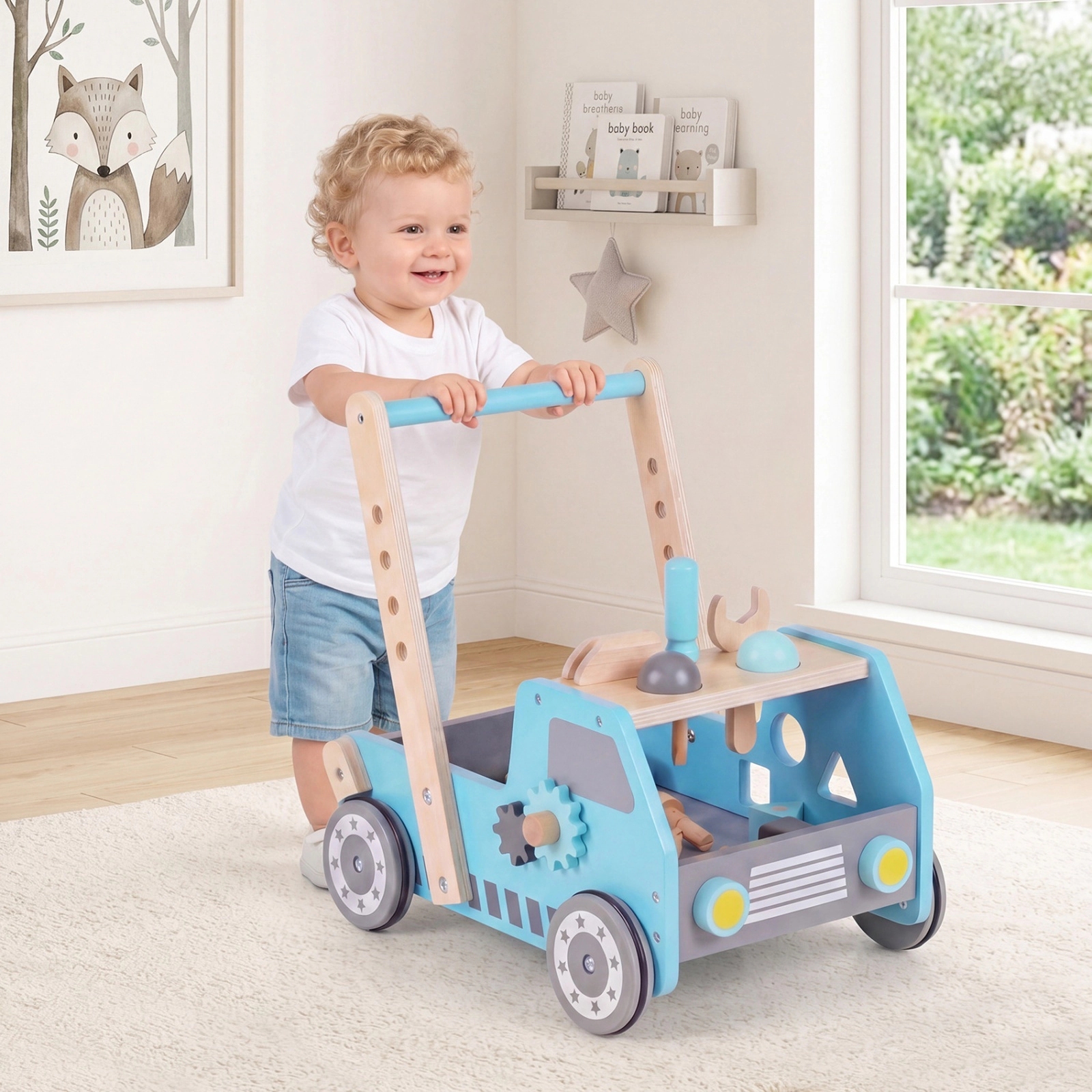 2-in-1 Wooden Kids Tool Bench with Truck Shaped Push Walker 2 Speed Settings and Bottom Toy Storage Blue Workbench